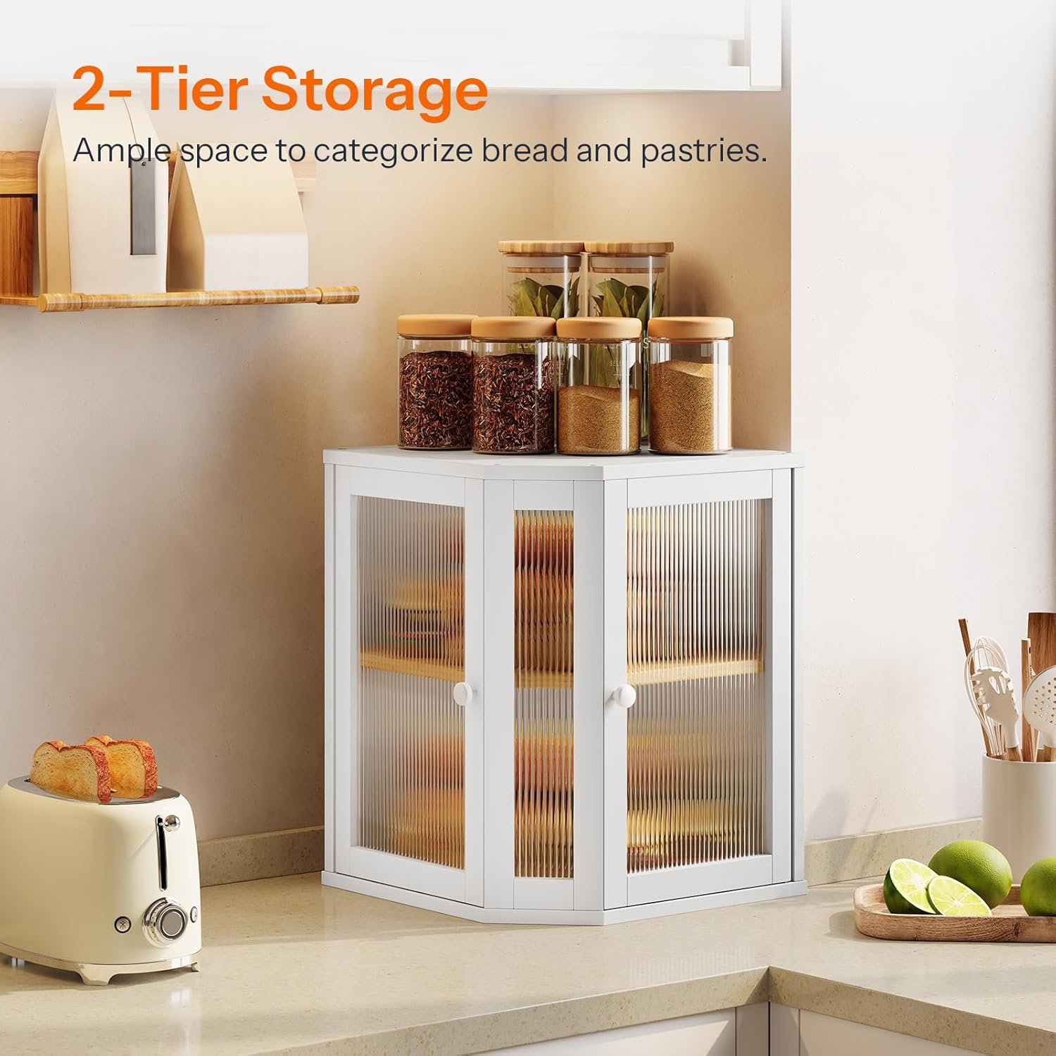 HOOBRO Bamboo Bread Box, Kitchen Countertop Corner Bread Box, Large Capacity 2-Tier Bread Container, Bread Storage Container with Dual Rippled Acrylic Doors, for Kitchen Food Storage, White WT12MB01