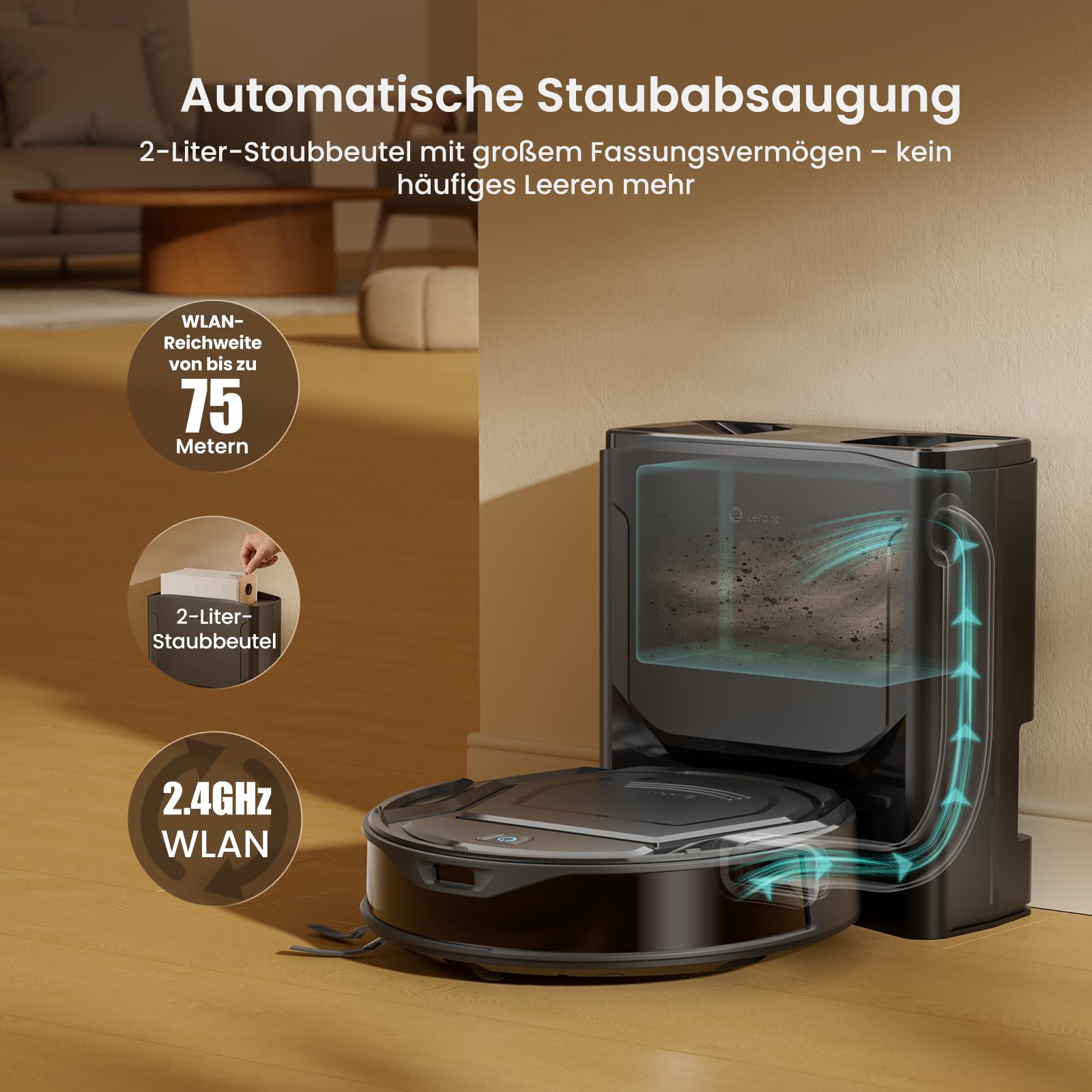 Lefant M210 Plus Robotstaubsauger mit 6000Pa Saugkraft | Wischfunktion​& 2L Selbstentleerung, Saugroboter mit PSD Hindernisvermeidung, Teppicherkennung, Sperrzonen​& Kartierung,
