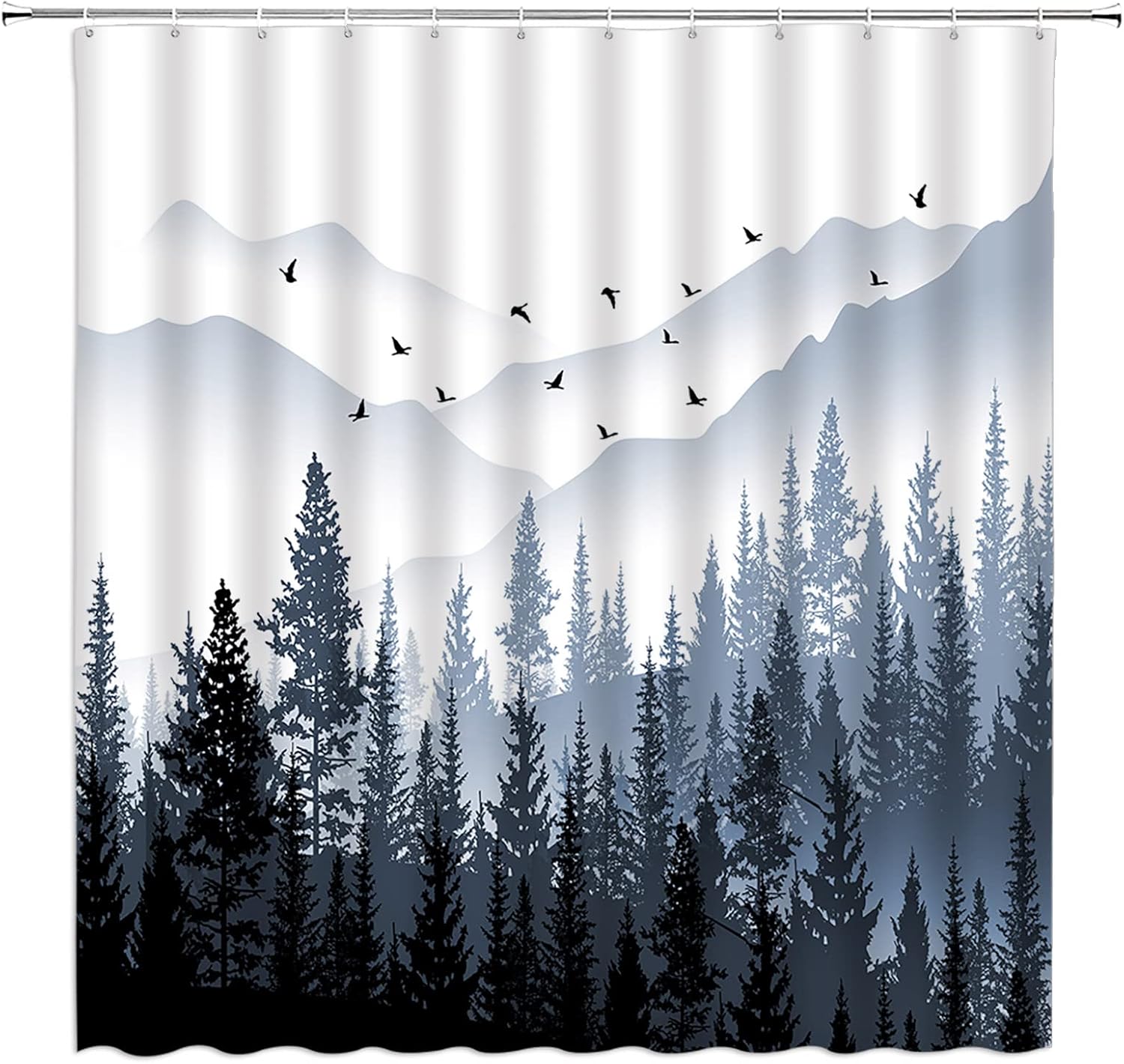 Green Misty Forest Mountain Shower Curtains Fog Magic Winter Pine Tree Sage Green Jungle Plant Rustic Mysterious Nature Scenery Landscape Rainforest Woodsy Fabric Bath Curtain with Hook