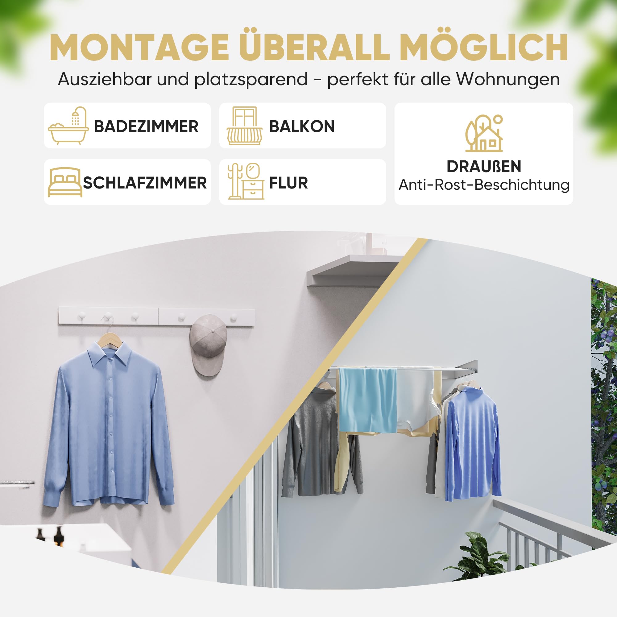 Wäscheständer Wandmontage [2in1 mit extra Kleiderhaken] Ausziehbar und Platzsparend | Wäschetrockner Klein für Wand | Clothes Drying Rack Zeitlos Praktisch - (Weiß, 100cm)