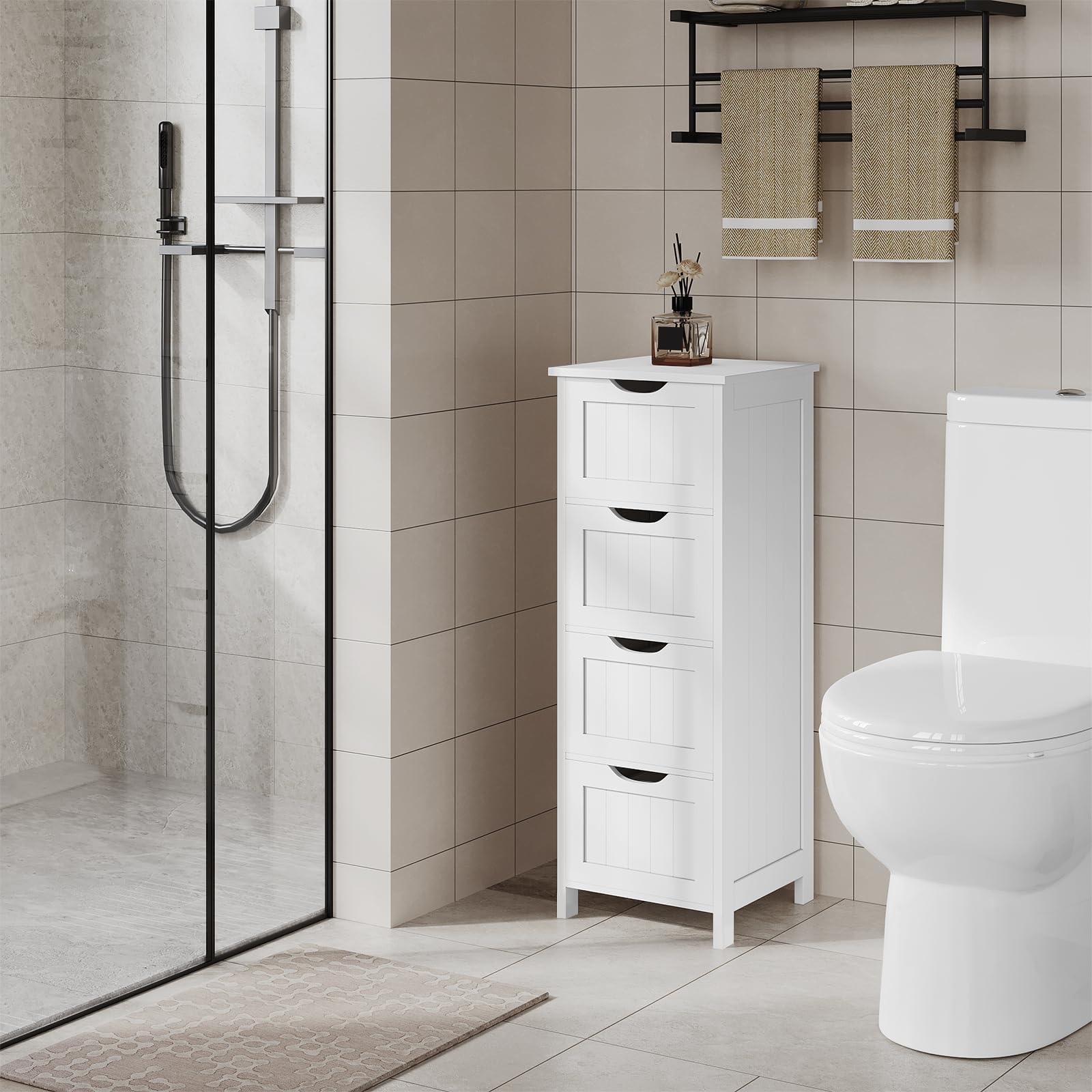 eSituro Armario de Suelo para Baño Auxiliar Pequeño Mueble Organizador de Cajones Laterales con 4 Cestas MDF Blanco 28 x 29 x 82 cm