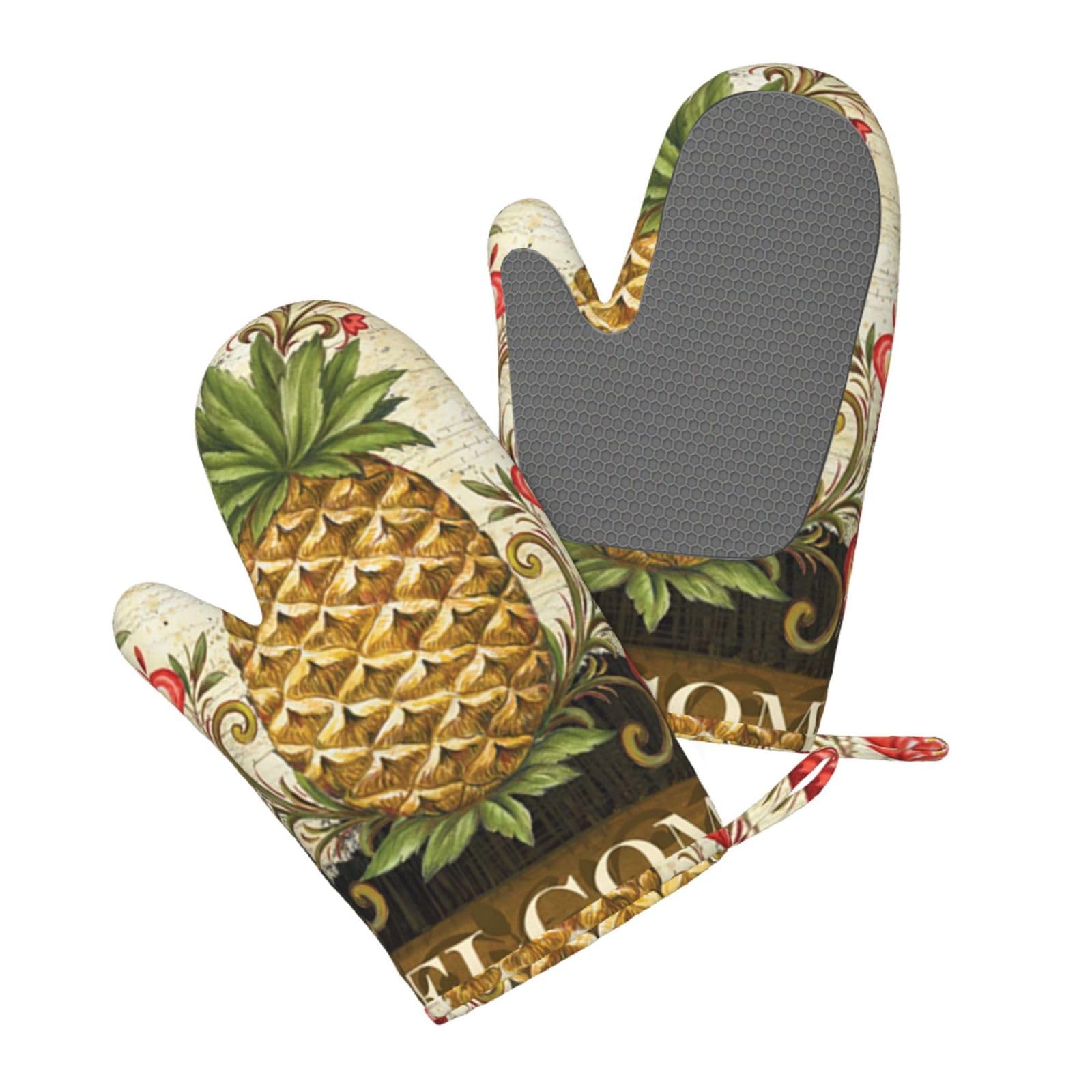 Aqrjlpo Women's Pineapple Silicone Oven Mitts Set 2Pcs, Printed Heat Resistant Non-Slip Silicone Oven Gloves For Kitchen Cooking Baking Microwave