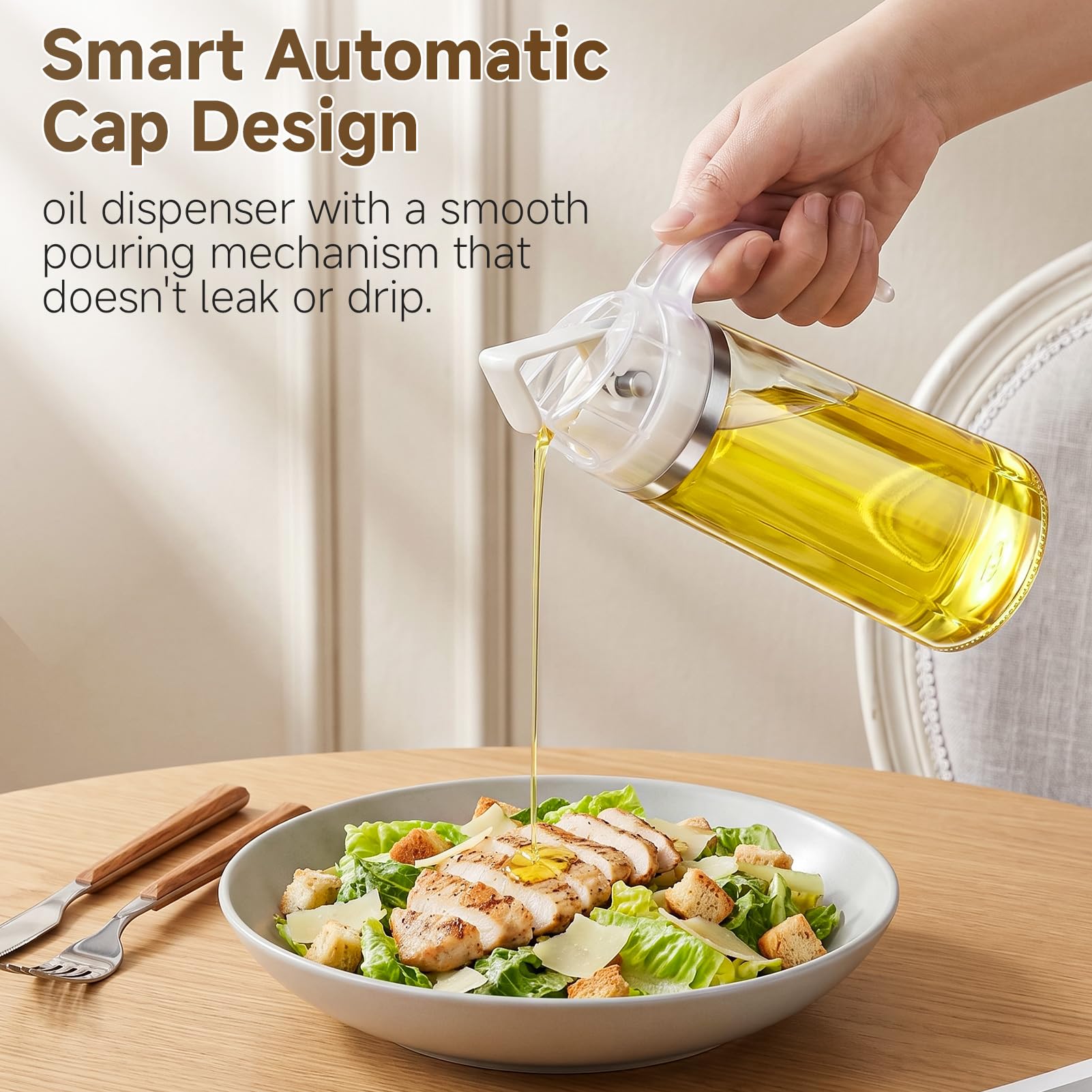 Bottiglia dispenser per olio d'oliva con chiusura automatica, 567 g, contenitore per condimenti a prova di perdite, con tappo e tappo automatico, beccuccio antigoccia, manico antiscivolo per cucina