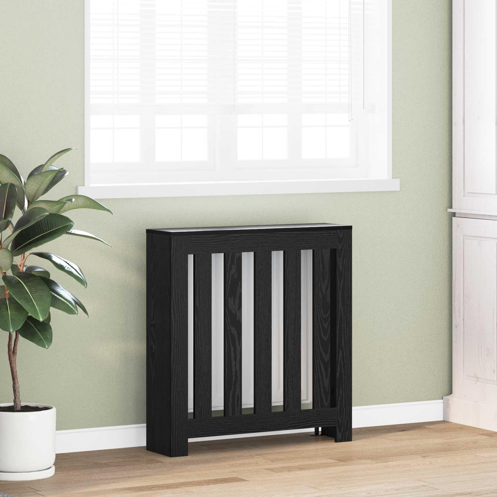 Heizkörperabdeckung schwarz Eichen-Optik aus Holzwerkstoff, 78 x 20 x 82 cm, mit oberem Regal und vertikalen Latten, für Wohnzimmer, Innenbereich und sichere Raumgestaltung