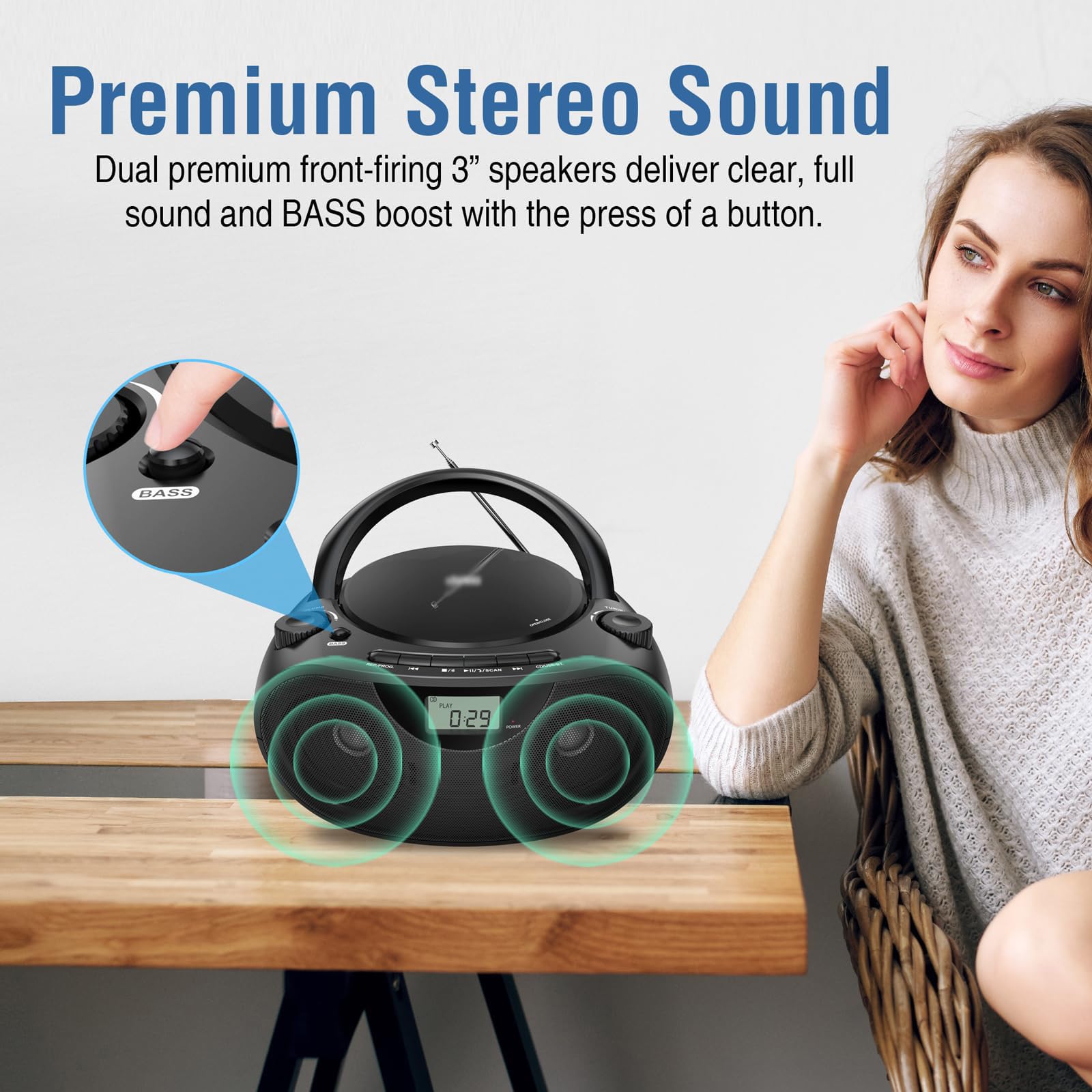 Przenośny odtwarzacz CD z funkcją płyty ładowanej od góry, dźwiękiem stereo i 6 trybami odtwarzania, lekki i trwały dla spersonalizowanego słuchania