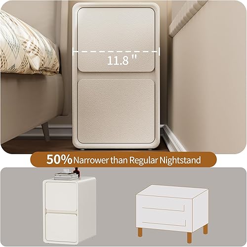 Miniatura 8 de VICITON Moderna mesita de noche estrecha de piel sintética, cajón de madera maciza, mesa auxiliar de almacenamiento, mesa auxiliar pequeña para