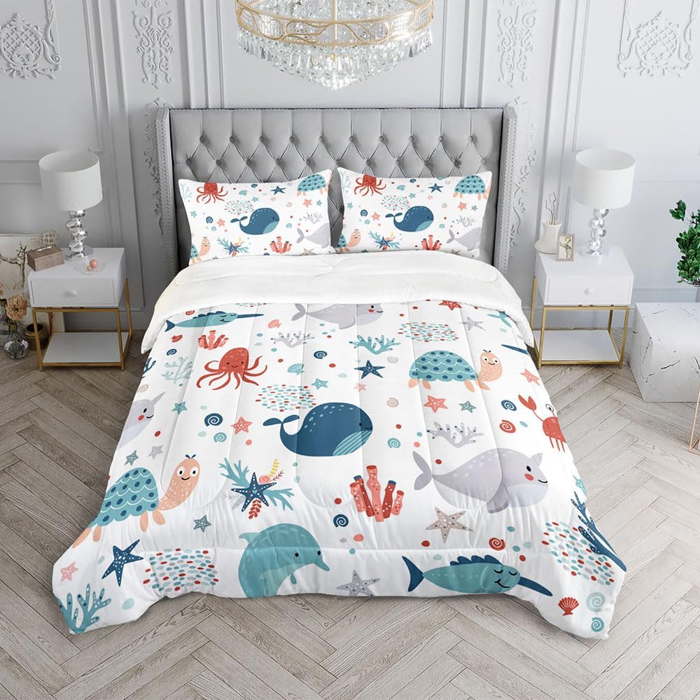 Kids Turtle Comforter Set Twin Beach Theme Dolphin Starfish Seaweed Bedding Set Sea Animal Octopus Reptile Bed Set with 2 Pillowcases for Boys Girls Room Decor - Image 3