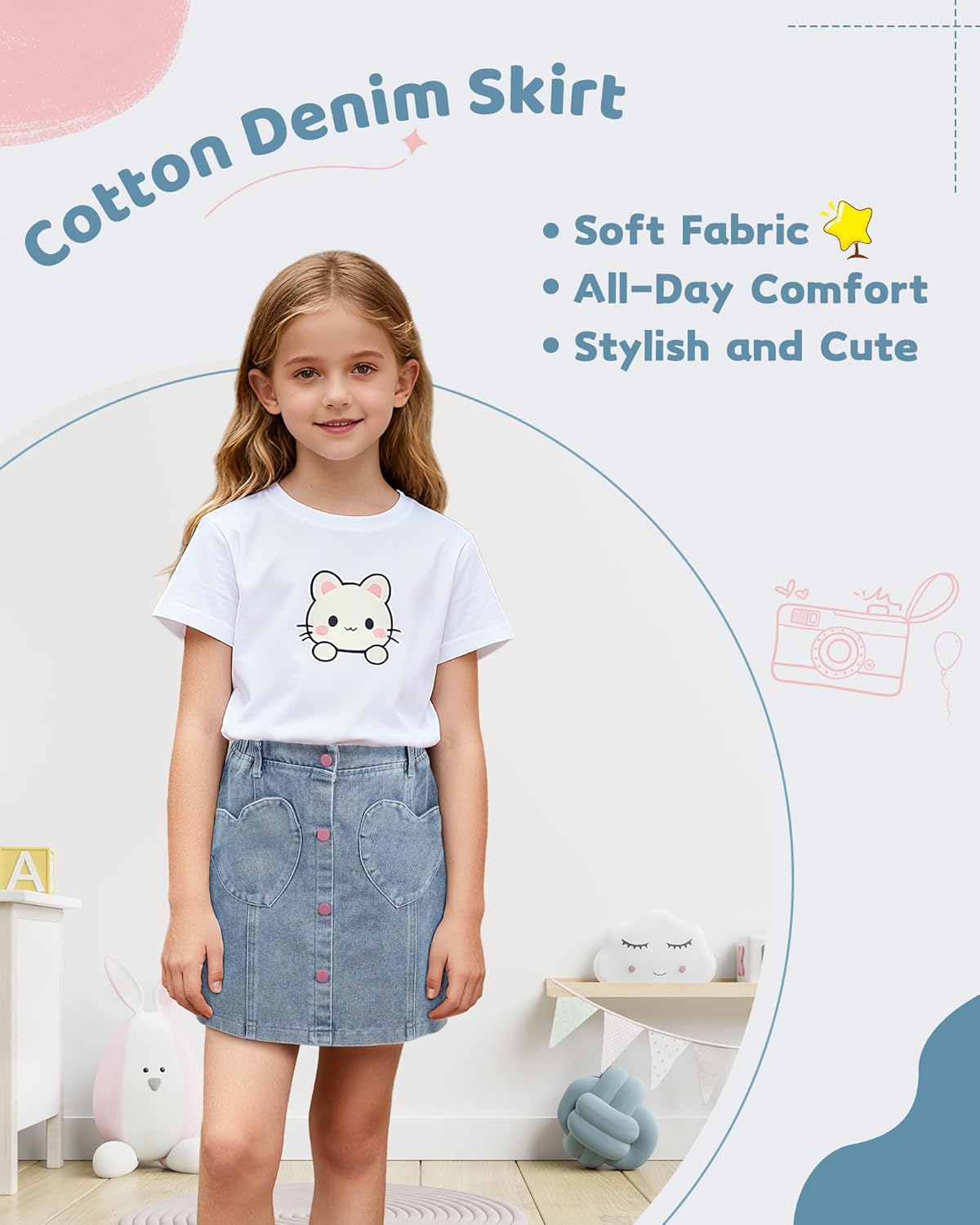 Girls Denim Skirt Jean Skirt for Toddler Girls Summer Kids Denim Skirts with Heart Pockets A-Line 4T-9Y - Image 2