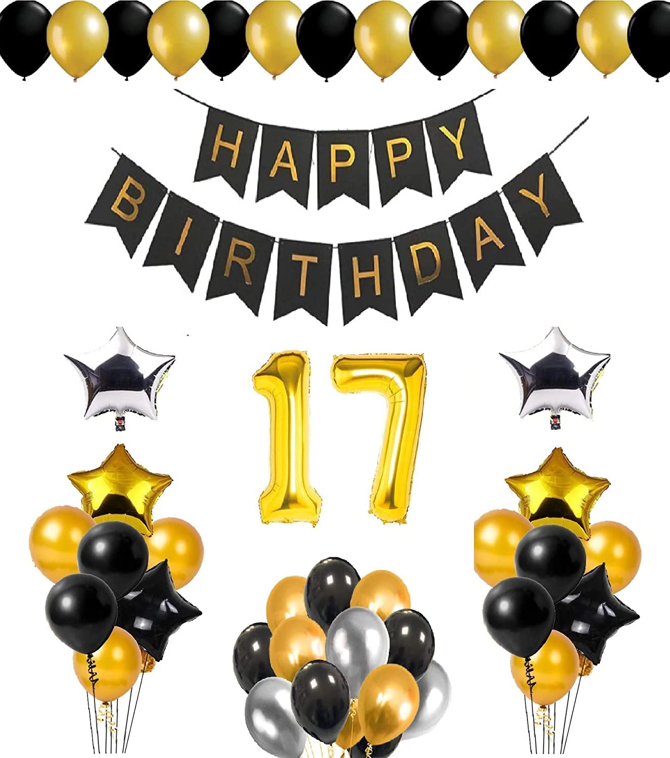 Kanak Decor Birthday Kit - Gold Number Foil Balloon With HAPPY BIRTHDAY Gold Banner And 6 Star Foil And 30 Pcs. Golden, Black And Silver Balloon Best For Boys, Girls & Kids (Pack Of 51) (17 Years)
