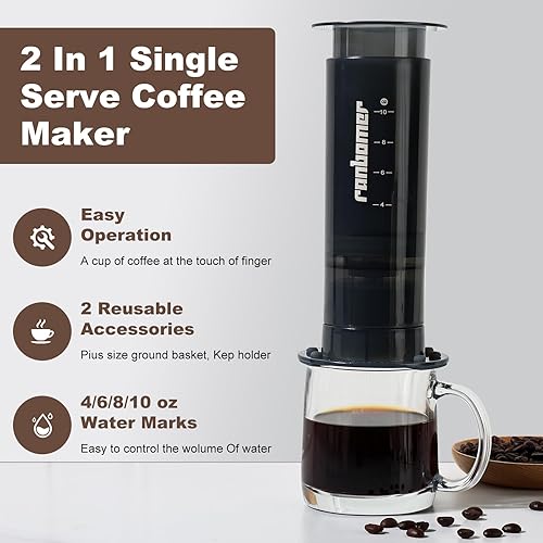 Miniatura 4 de Cafetera de prensa francesa, 2 en 1, compatible con K Cup, cafetera portátil para café molido, negro, capacidad de 10 onzas, para campamento, viajes