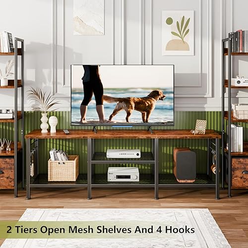 Miniatura 8 de Furologee Soporte de TV para televisores de hasta 65 pulgadas, centro de entretenimiento con estantes de almacenamiento abiertos, soportes de Marrón