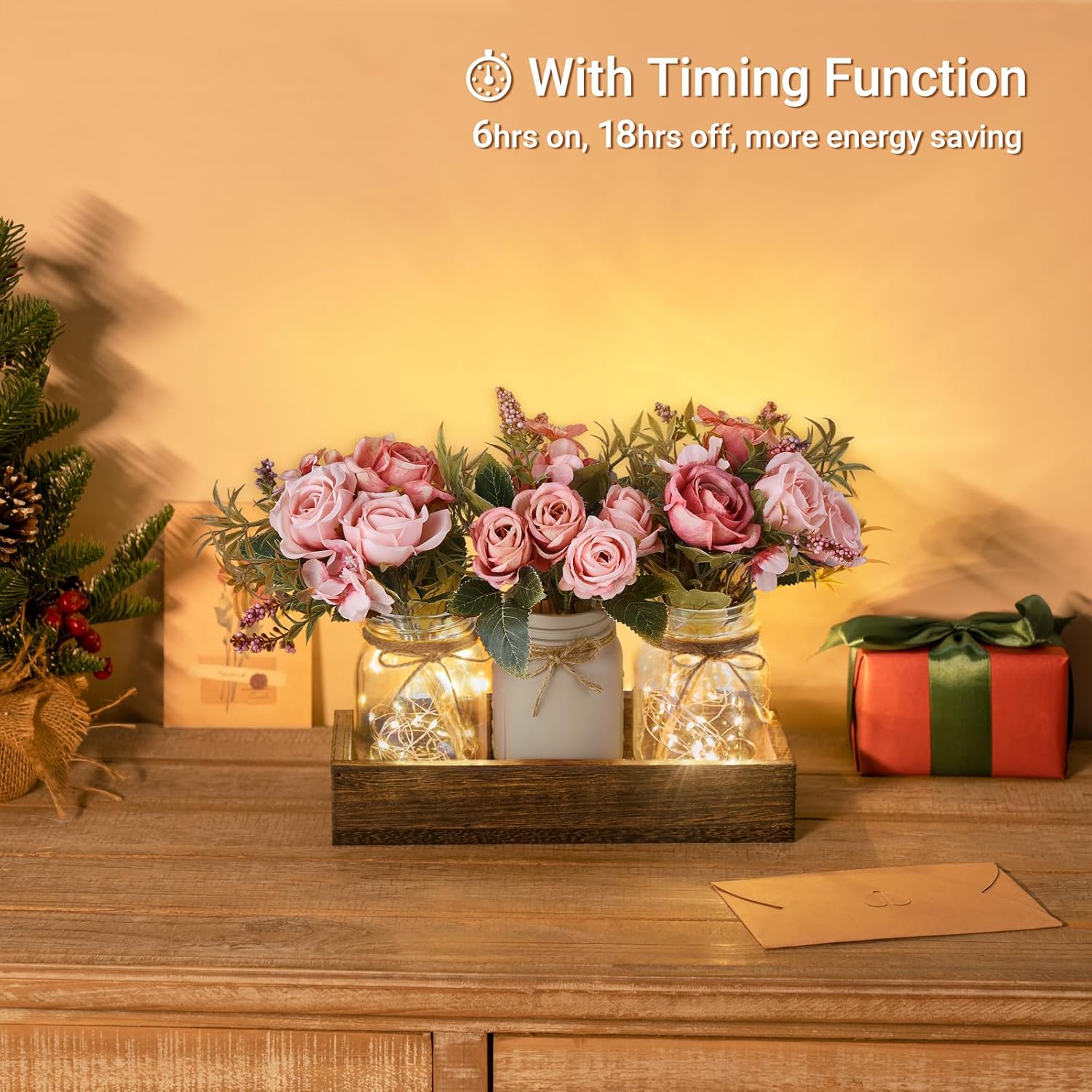 mkono mason jar lights centerpiece table decorations for dining room farmhouse table decor tray with 3 jars flowers arrangement valentines day decor for kitchen living room wedding, pink