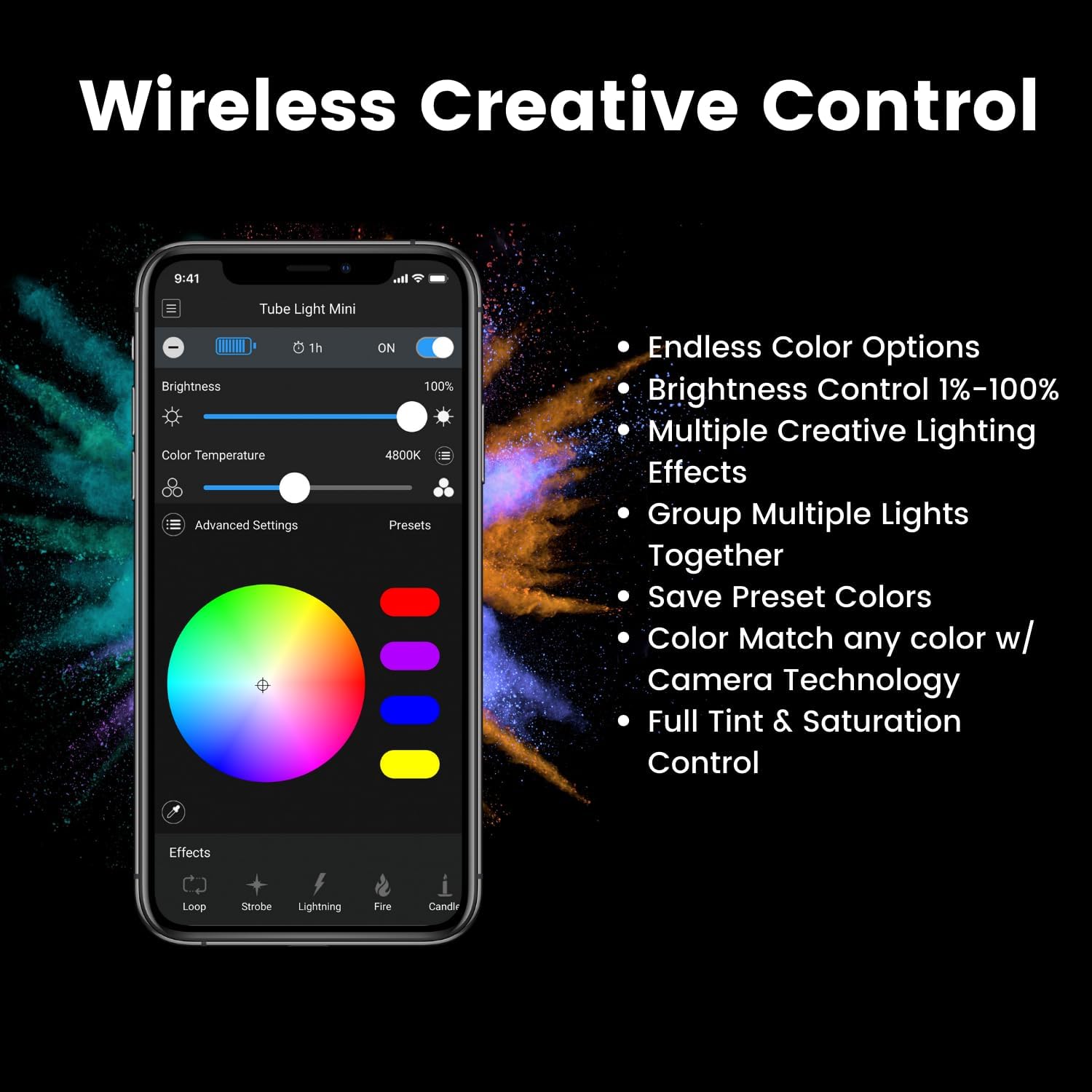 Smartphone screen showing the Lume Control App interface with color wheel, brightness slider, color temperature, and effects options.