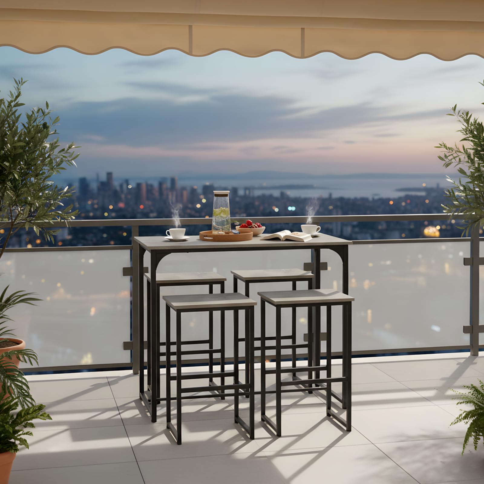 Ensemble Table a Manger avec 4 Chaises, Table Haute Cuisine Mange-Debout avec 4 Tabourets, pour Petit Espace Cuisine Salle à Manger Salon Bar ou Balcon (Gris Vieilli et Noir)