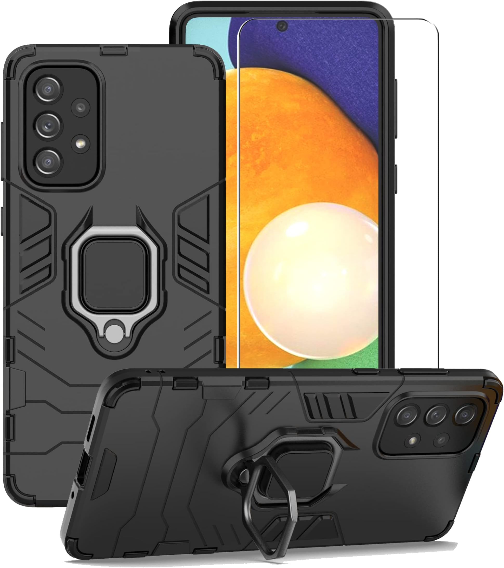 Chengmi ZMONE for Samsung Galaxy A73 5G Case Cover with Glass Screen Protector ， Heavy Duty Dual Layer Military Grade Shockproof Protective Cover with Magnetic Ring Kickstand - Black