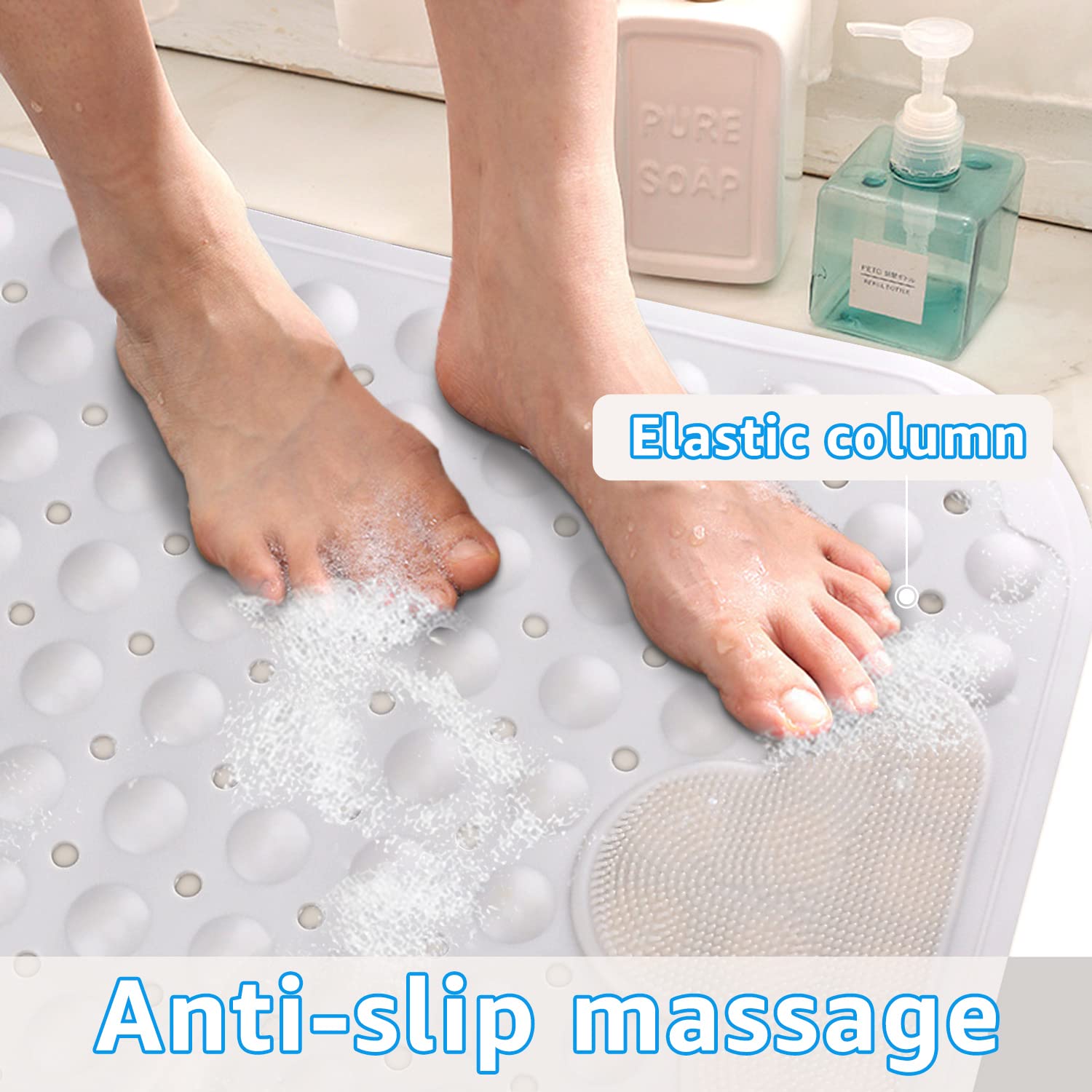 Alfombrilla de ducha antideslizante con ventosas y orificios de drenaje, alfombrilla de baño grande, cojín de masaje para baño, 70 x 40 cm, diseño antideslizante para una ducha segura