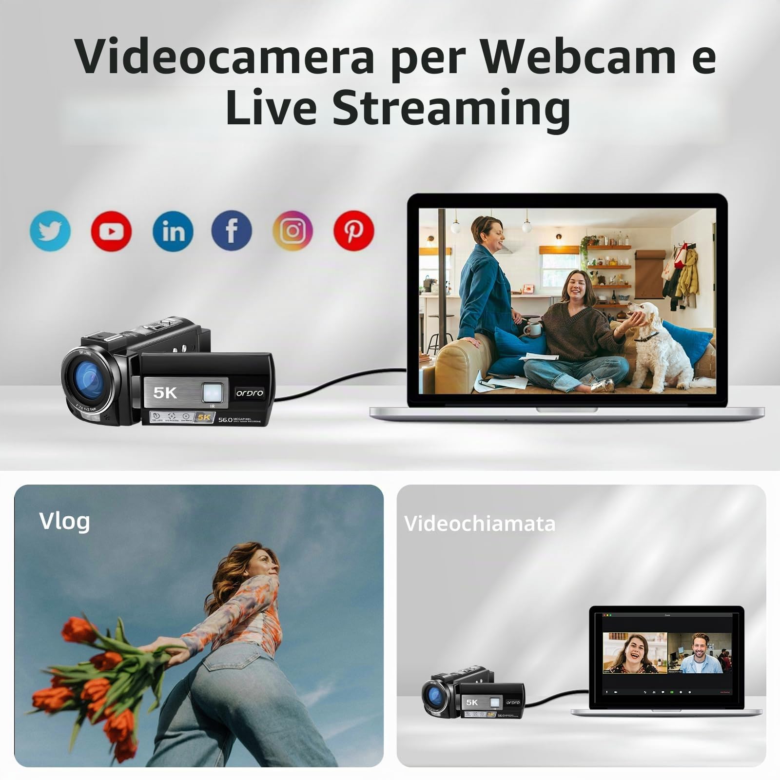 ORDRO AE20 Videocamera 5K 56MP con visione notturna IR, zoom digitale 18X, registratore webcam 3.0'' Rotazione di 270° Touchscreen Vlogging Camera per YouTube