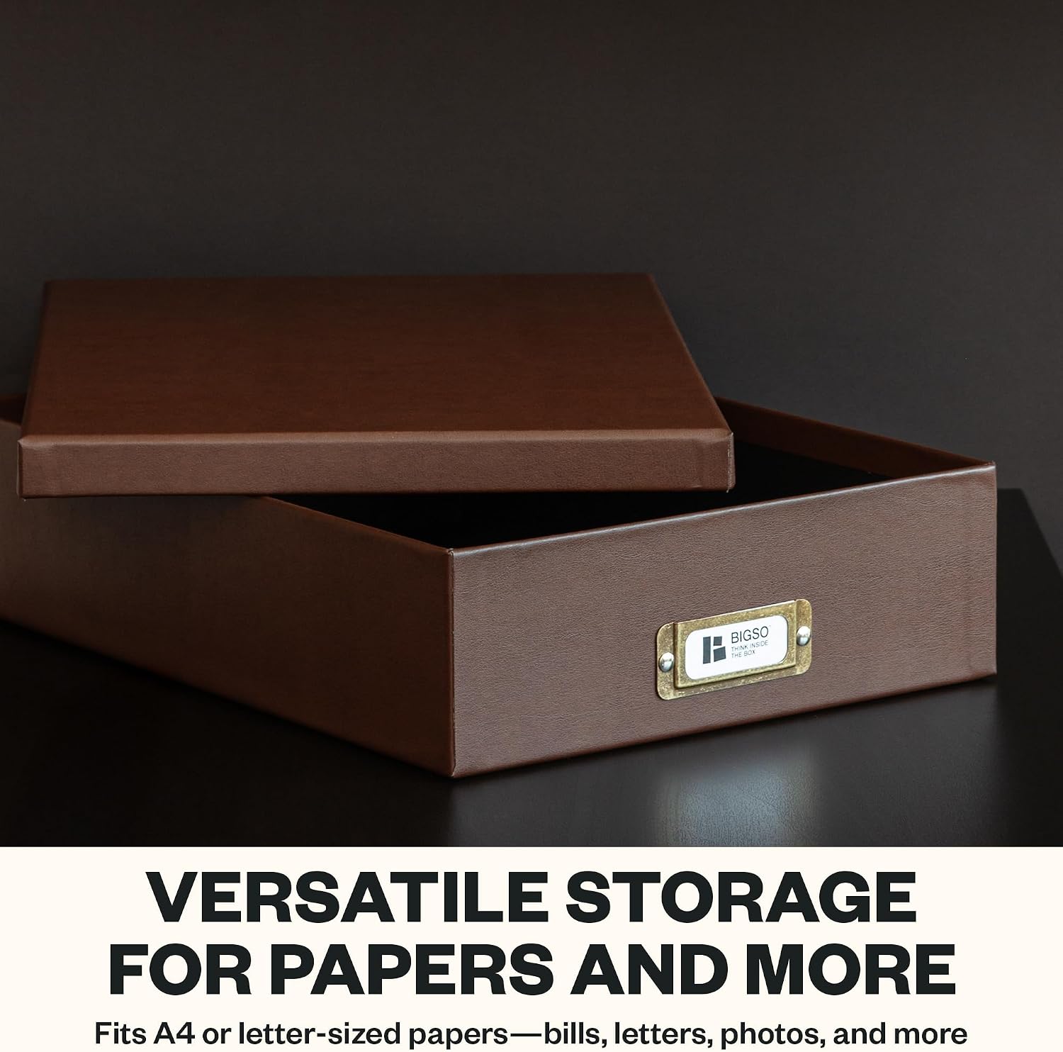 Bigso Oskar Fiberboard Document Storage Box with Lid for A4 and Letter Size Papers - Stylish, Sturdy, and Stackable Keepsake Box with Label Holder - W10.2in x D13.8in x H3.3in - Recycled Leather