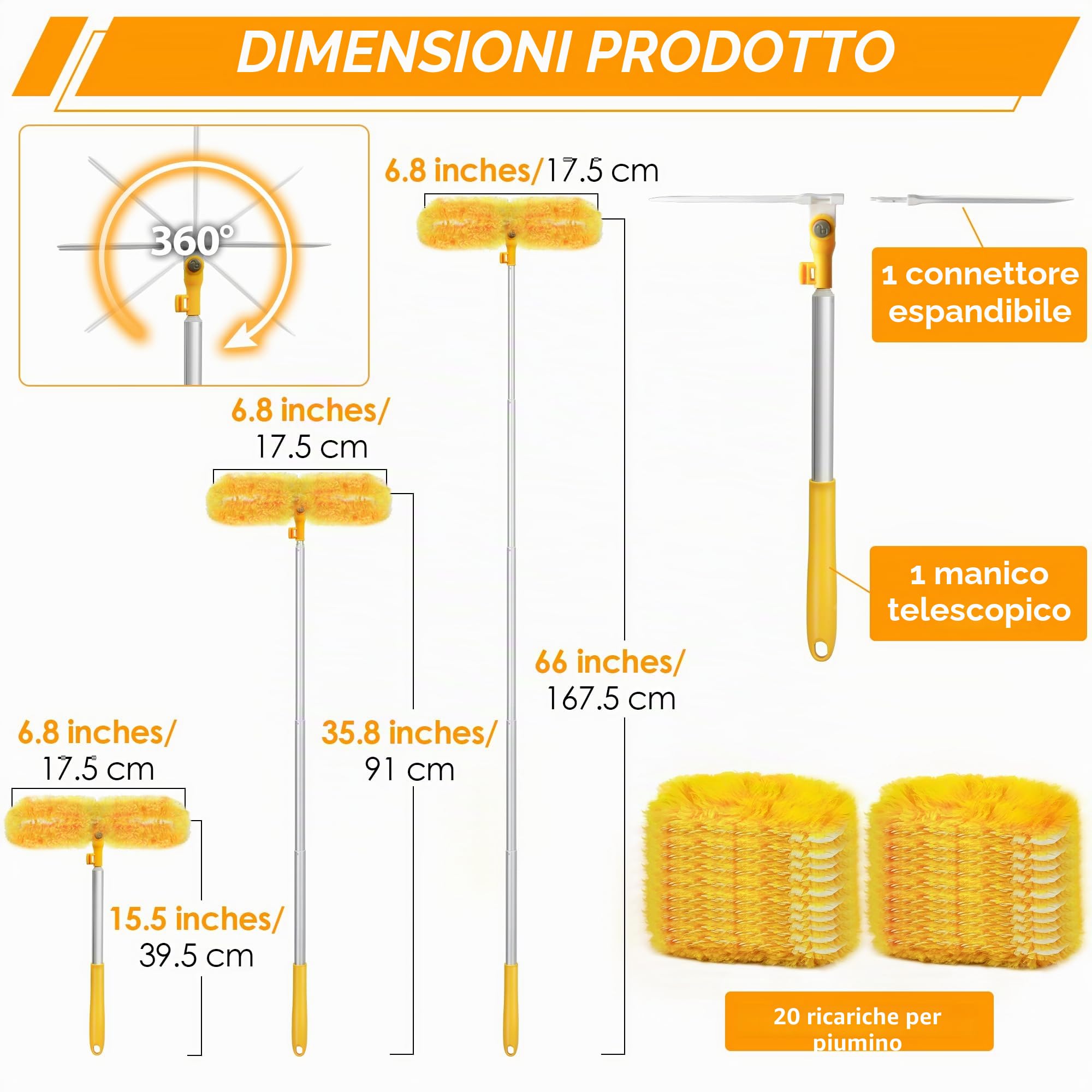 NEWE Duster Piumini Catturapolvere per Swiffer, 20 Piumini e 1 Alluminio Manici Telescopici 167.5 cm, 360 Gradi Cattura e Intrappola Polvere e Sporco con 5X Microfibre