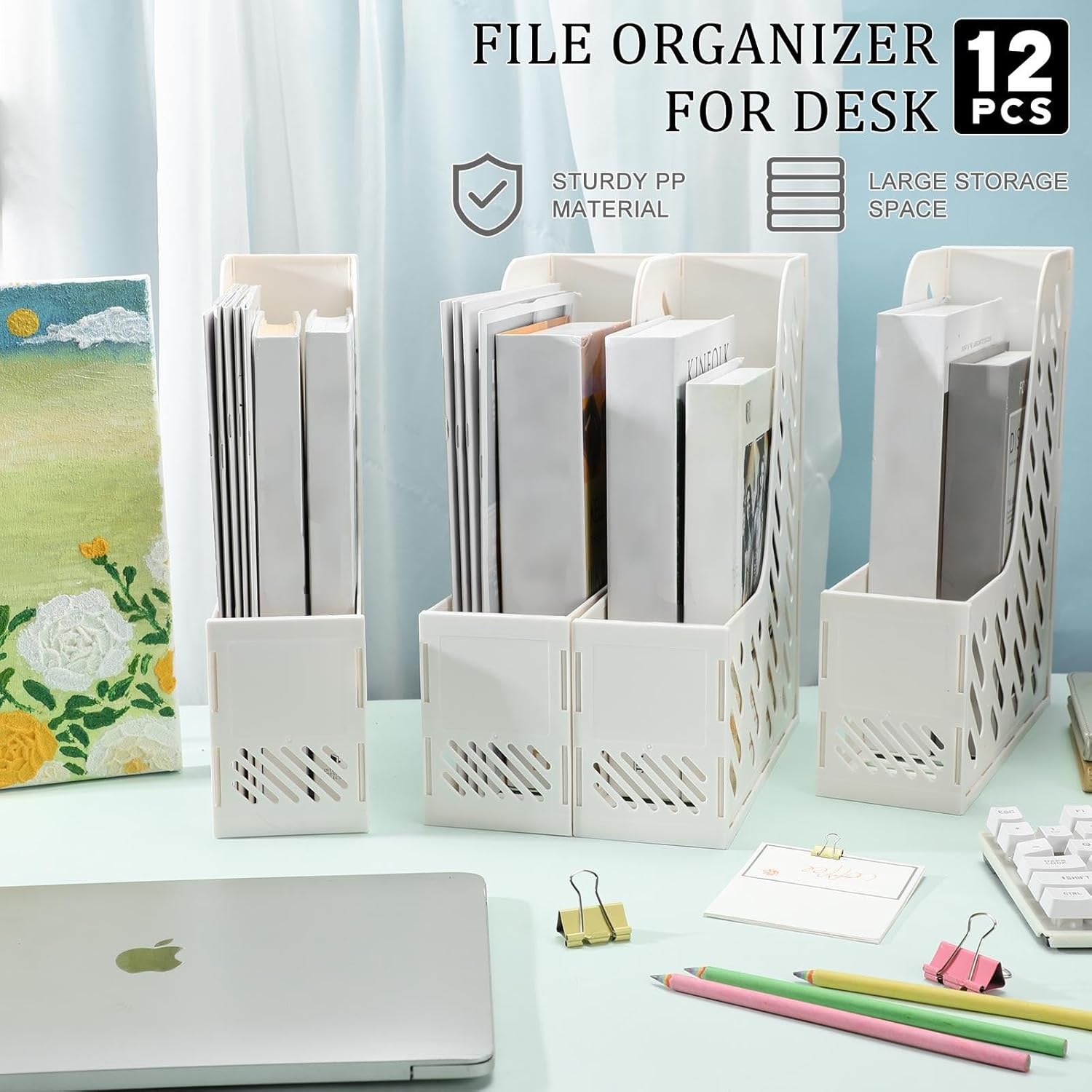Glenmal 12 Pack Magazine Organizers Binder Organizer for Desk Plastic Vertical File Holder Magazine Racks Desk Accessories for Office, Home, or School (White)