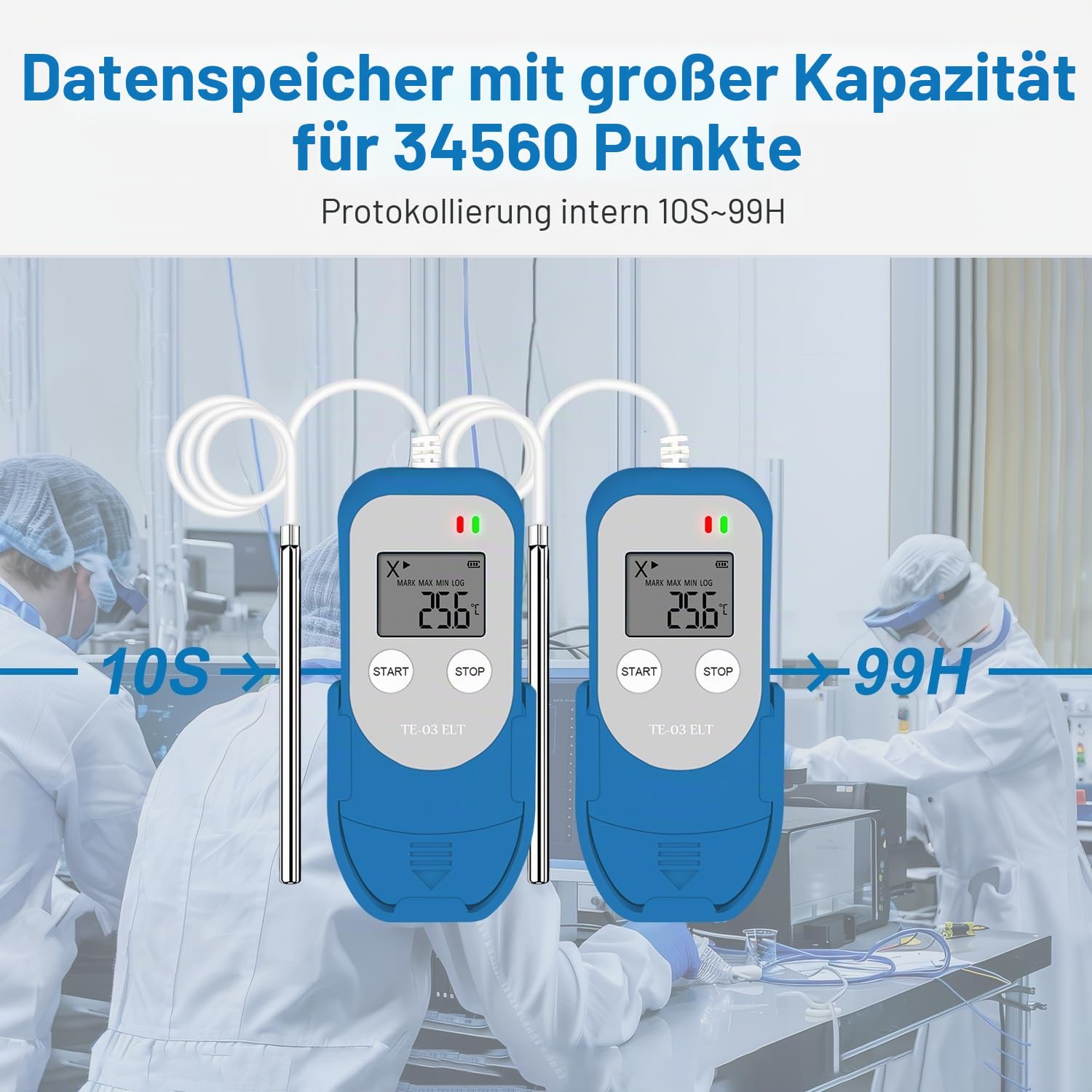 TherElc TE-03 ELT Datenlogger für extrem niedrige Außentemperaturen, -100 °C~ +100 °C, MKT-Berechnung, 32.000 Punkte, wiederverwendbarer USB-Recorder für Labor, Backofen und medizinische Kühlschränke