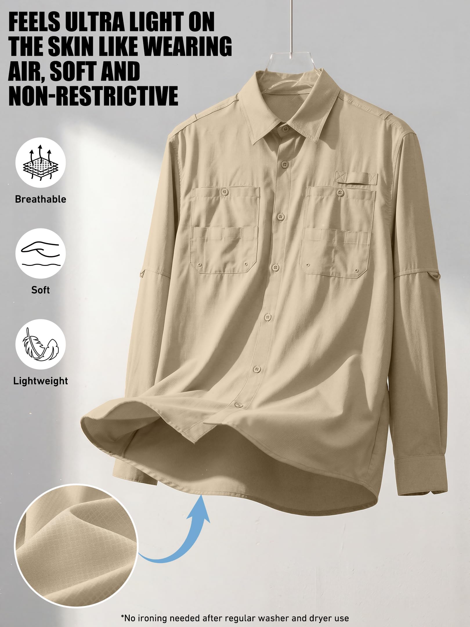 Camisas de Pesca de Manga Larga para Hombre, con protección Solar UPF 50+, Ligeras, de Secado rápido, Estilo Safari, para Acampar, Caqui, Large
