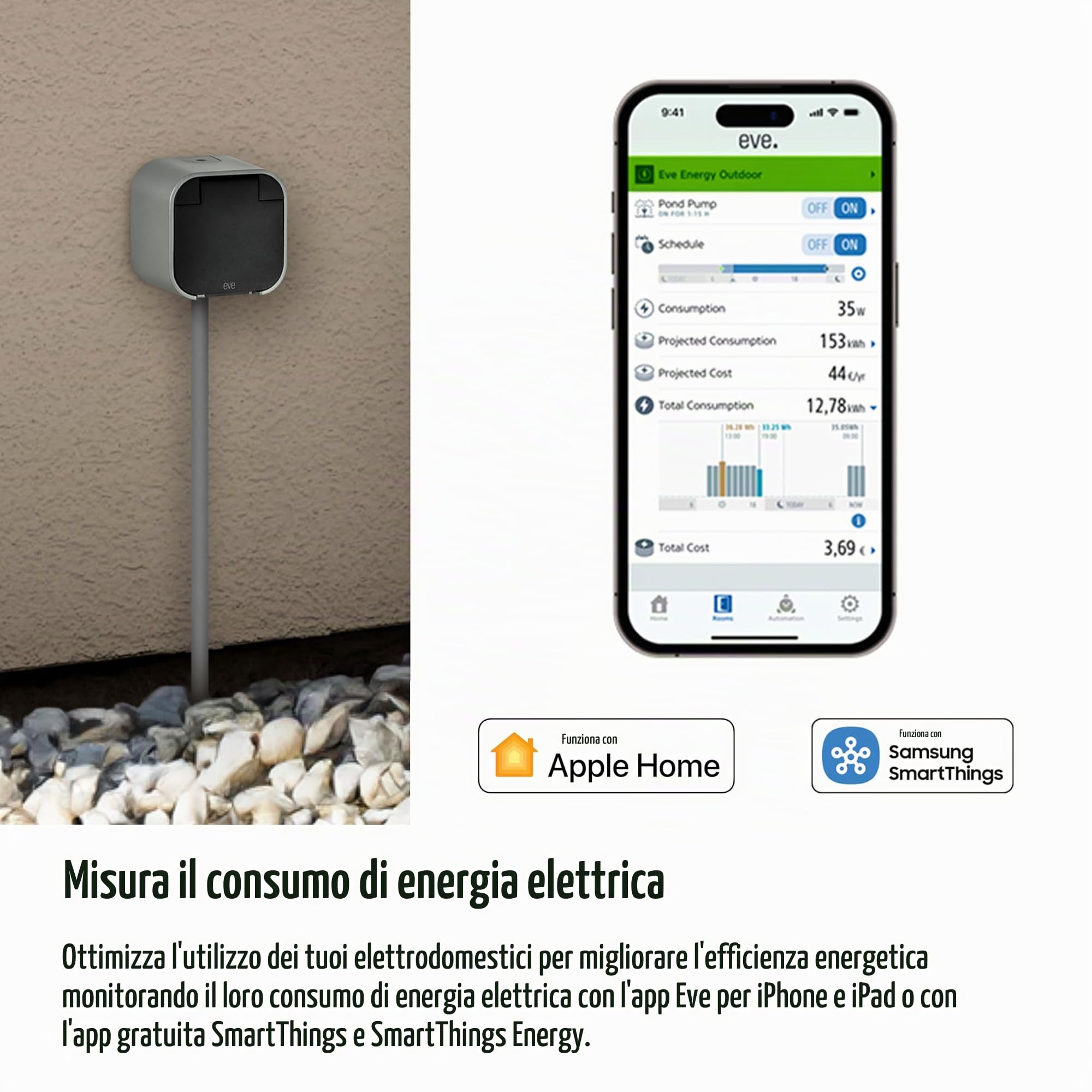 Eve Energy Outdoor (Matter) - Presa e misuratore di energia intelligente (IP44), presa per stanza umida, richiede un Thread Border Router; Apple Home, Alexa, Google Home, SmartThings; TÜV