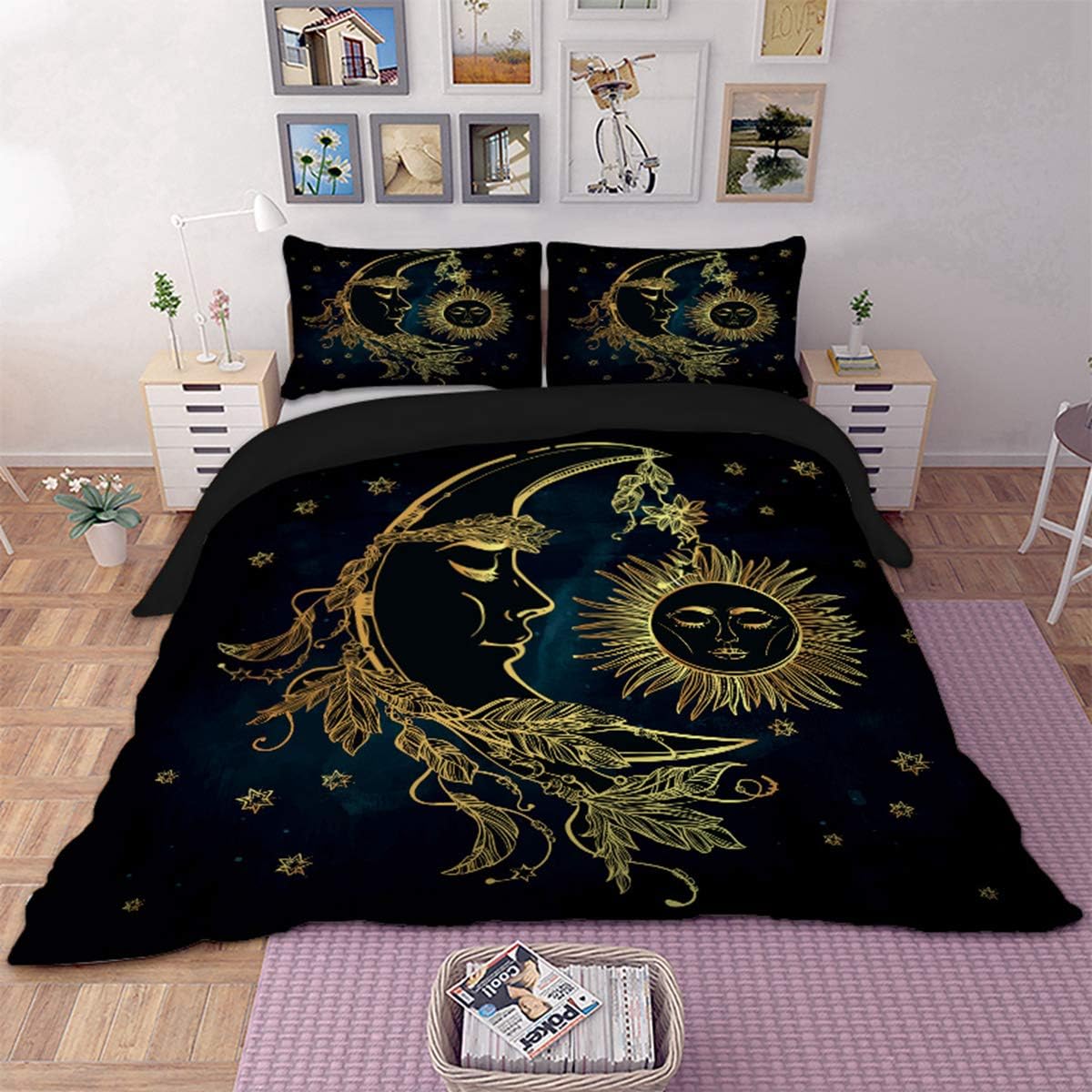 Bohemian Duvet Cover Double 3D Golden Sun and Moon Printed Bedding Quilt Duvet Cover Set for for Kids Teens and Adults with Zipper and 2 Pillow cases Double Size 200x200cm
