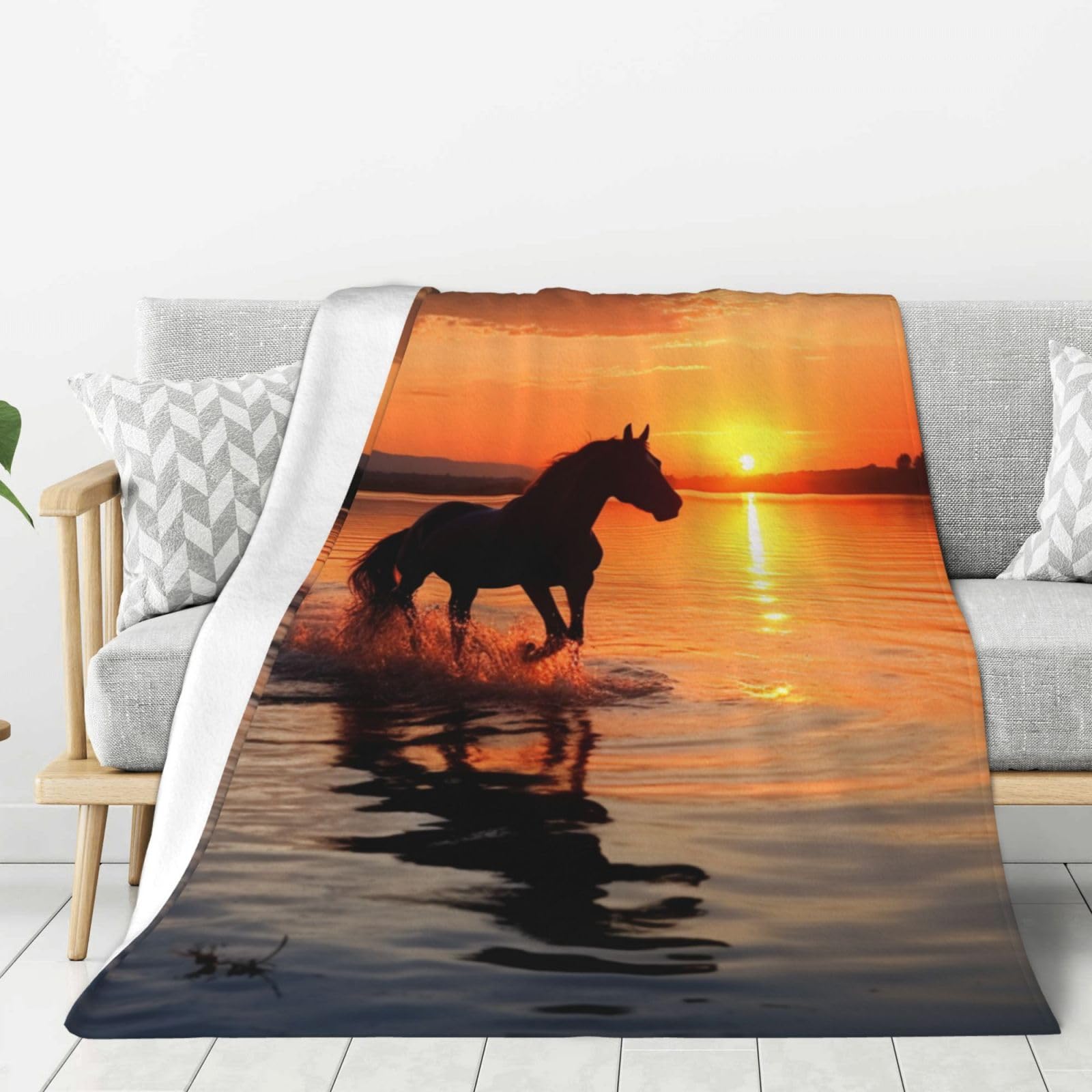 Sunsets Lake Horses Throw Blanket Plush Flannel Fleece Blanket, Soft Lightweight Cozy Blankets 50"X40" for Bed Couch Sofa Travel
