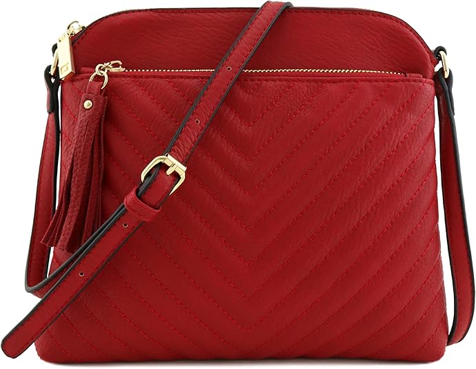 Chevron Quilted Medium Crossbody Bag with Tassel Accent (Red) Handbags