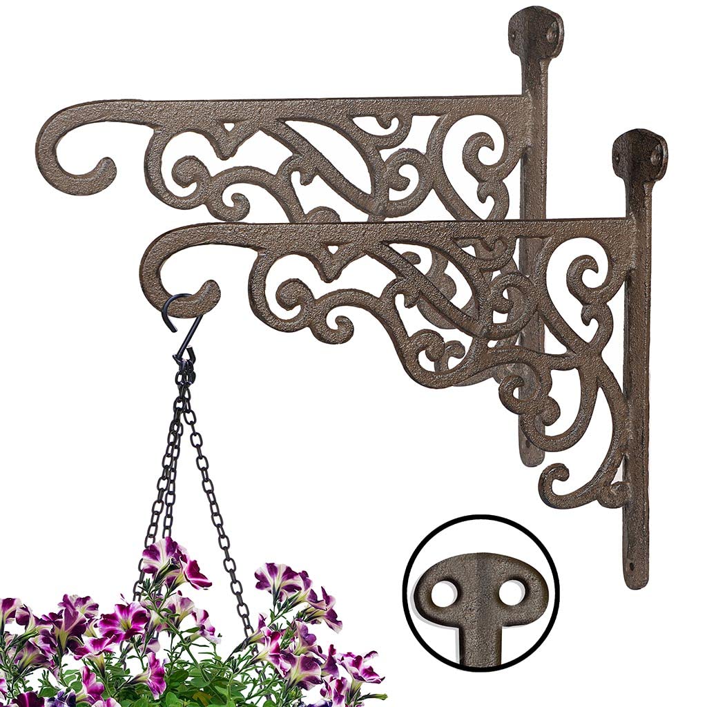 Set of 2 Hanging Basket Brackets Cast Iron Wall Hooks (Brown Scrolled)