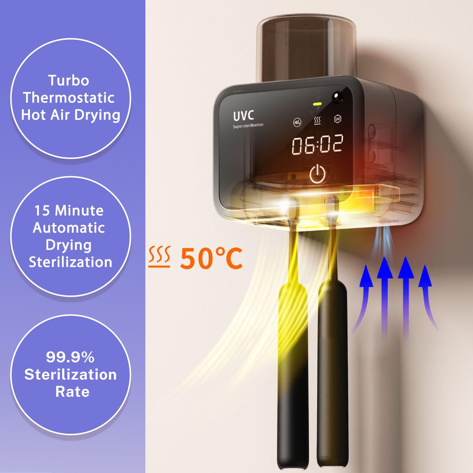 Soporte para cepillos de dientes para baños, soportes para cepillos de dientes eléctricos con secado y limpieza inteligentes, soporte para cepillo de dientes montado en la pared con carga solar,