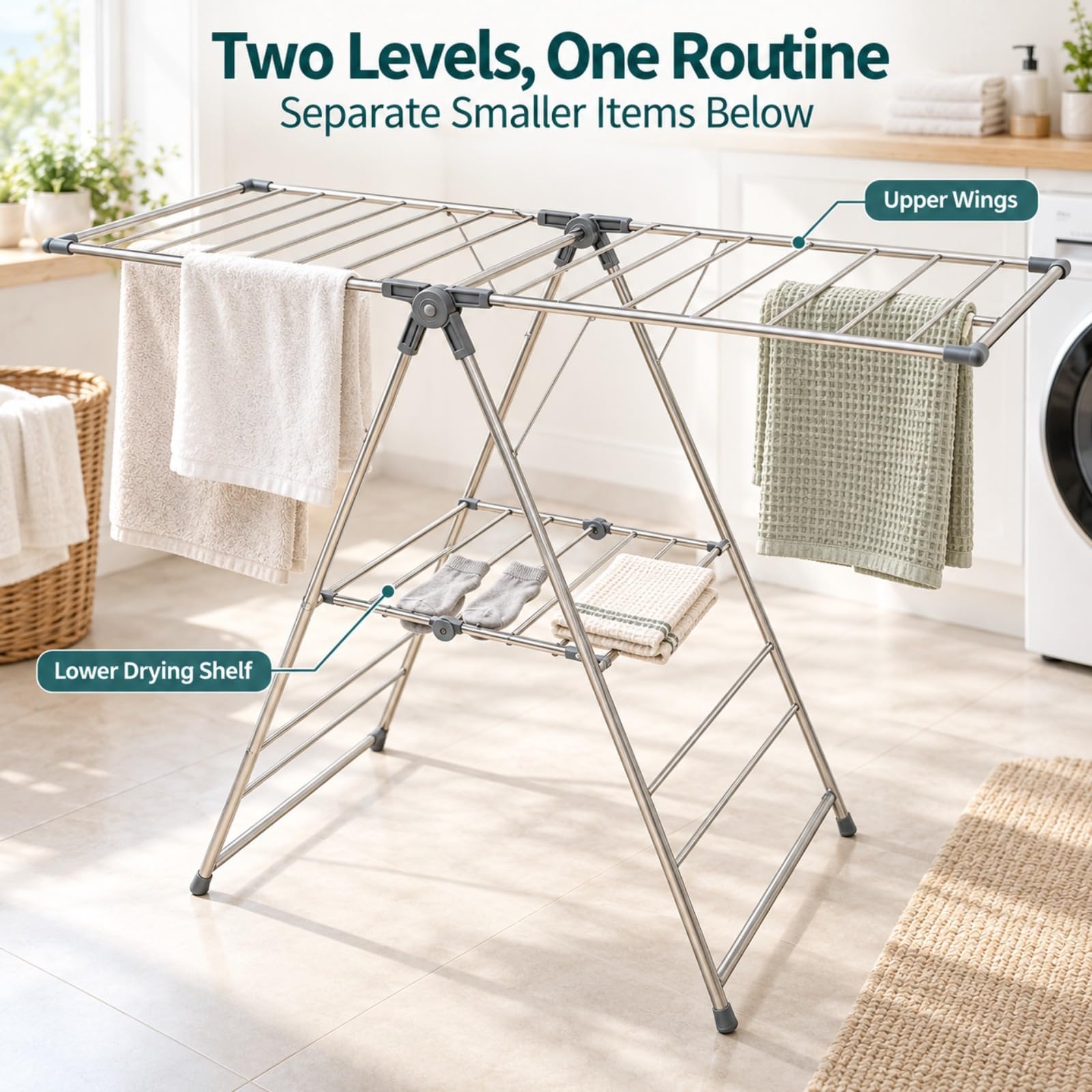 Étendoir À Linge Pliable en INOX avec Ailes Et Tablette, 160 Cm, Gris