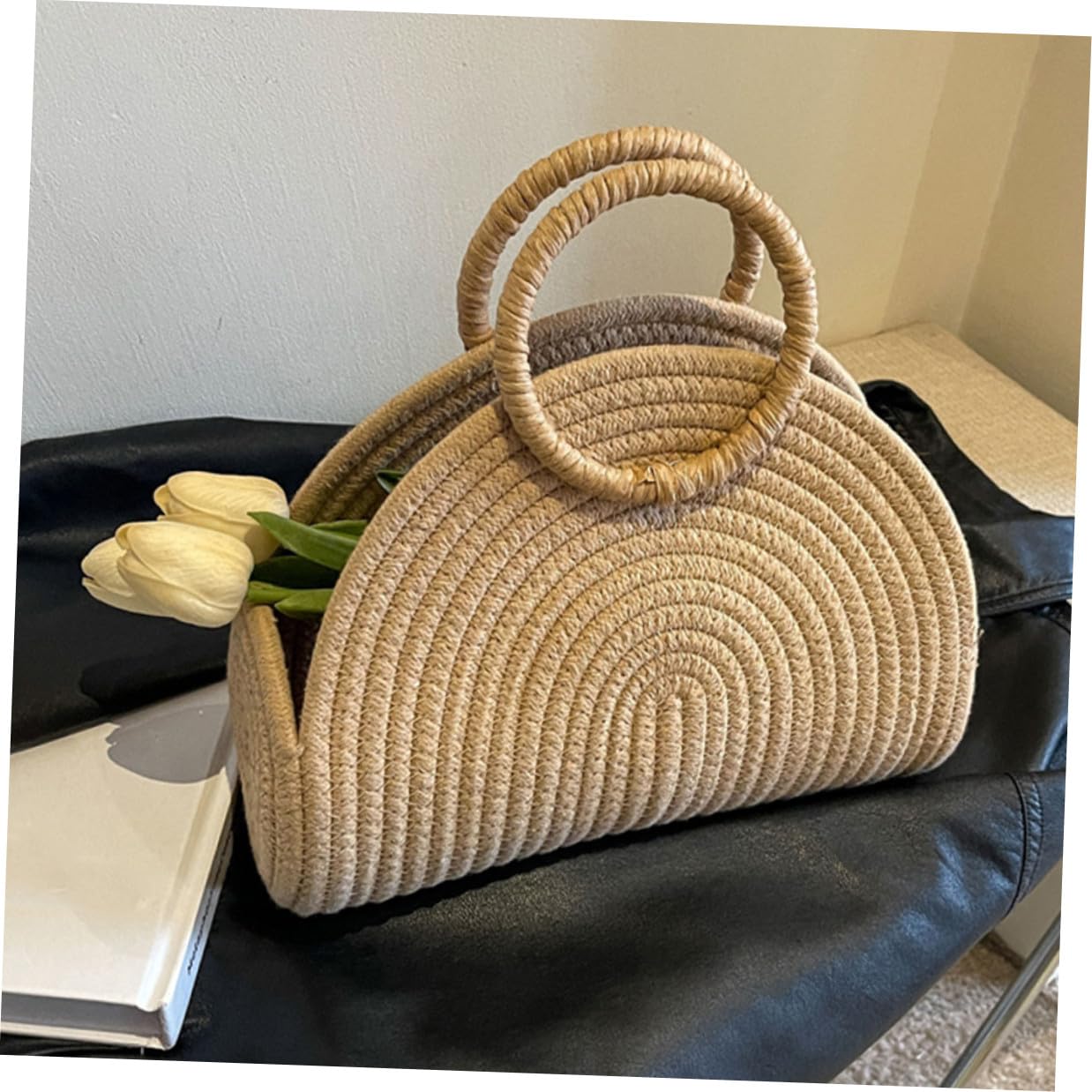 VILLCASE Borsa Intrecciata in Corda di Cotone per Donna, Grande Capacità, Stile Rustico, per Spiaggia e Picnic, Design Delicato e Resistente