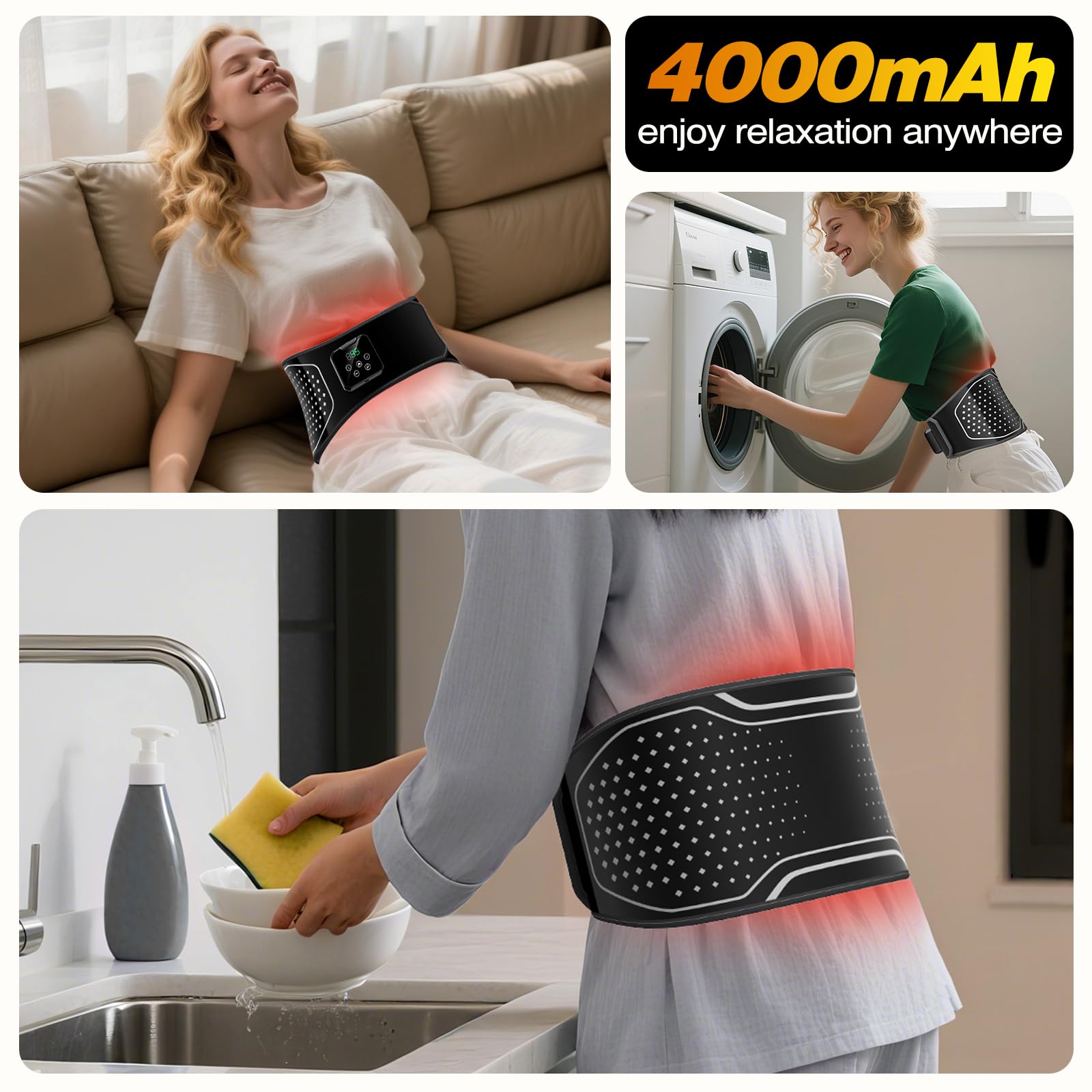 Masajeador eléctrico inalámbrico con calefacción, almohadilla térmica para la espalda baja con 3 niveles de compresión de aire, batería de gran capacidad de 4000 mAh, cinturón portátil para envolver