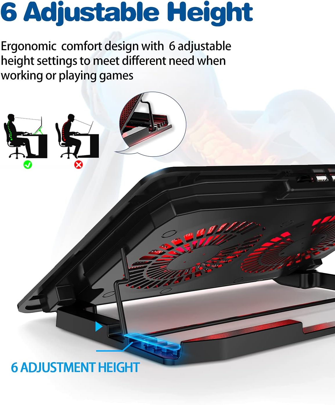 7-16 Inch Laptop Cooler Cooling Pad | Ultra Slim Portable USB Powered (2 Quiet Big Fans), Gaming Laptop Cooler 800-1200RPM Adjustable, 6 Heights Adjustment, 2 USB Port, Lightweight Portable (Blue) : Electronics