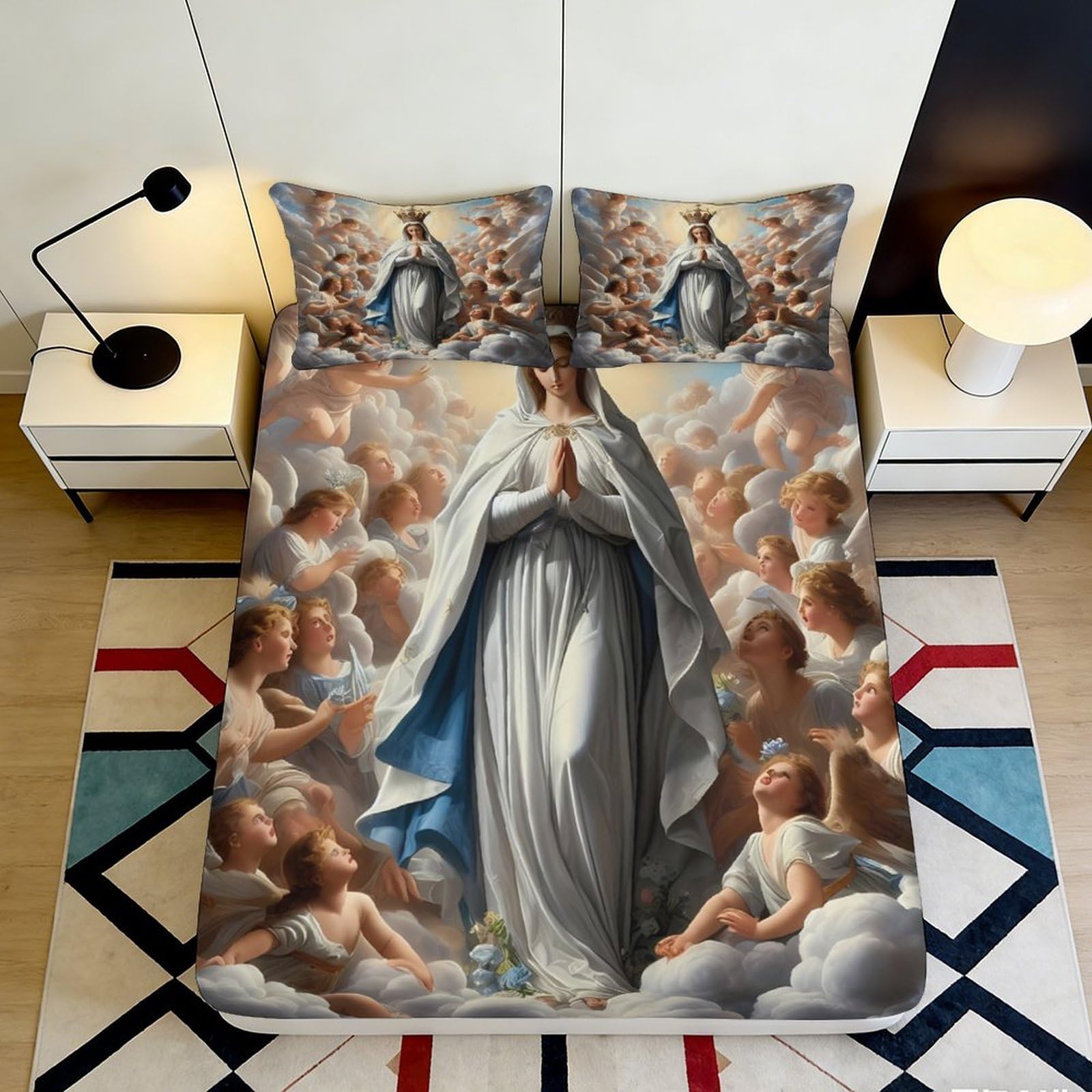3D Printed Virgin Mary Fitted Sheet Microfiber Soft Breathable Angels Bed Cover for Bedroom Dorm Decor 90x200x25cm