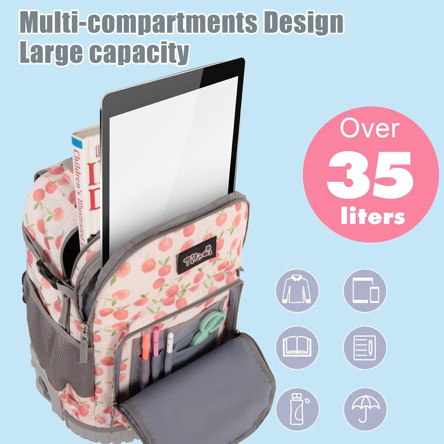 Tilami Rolling Backpack for Kids 18 inch Boys and Girls Laptop Backpack,Peach