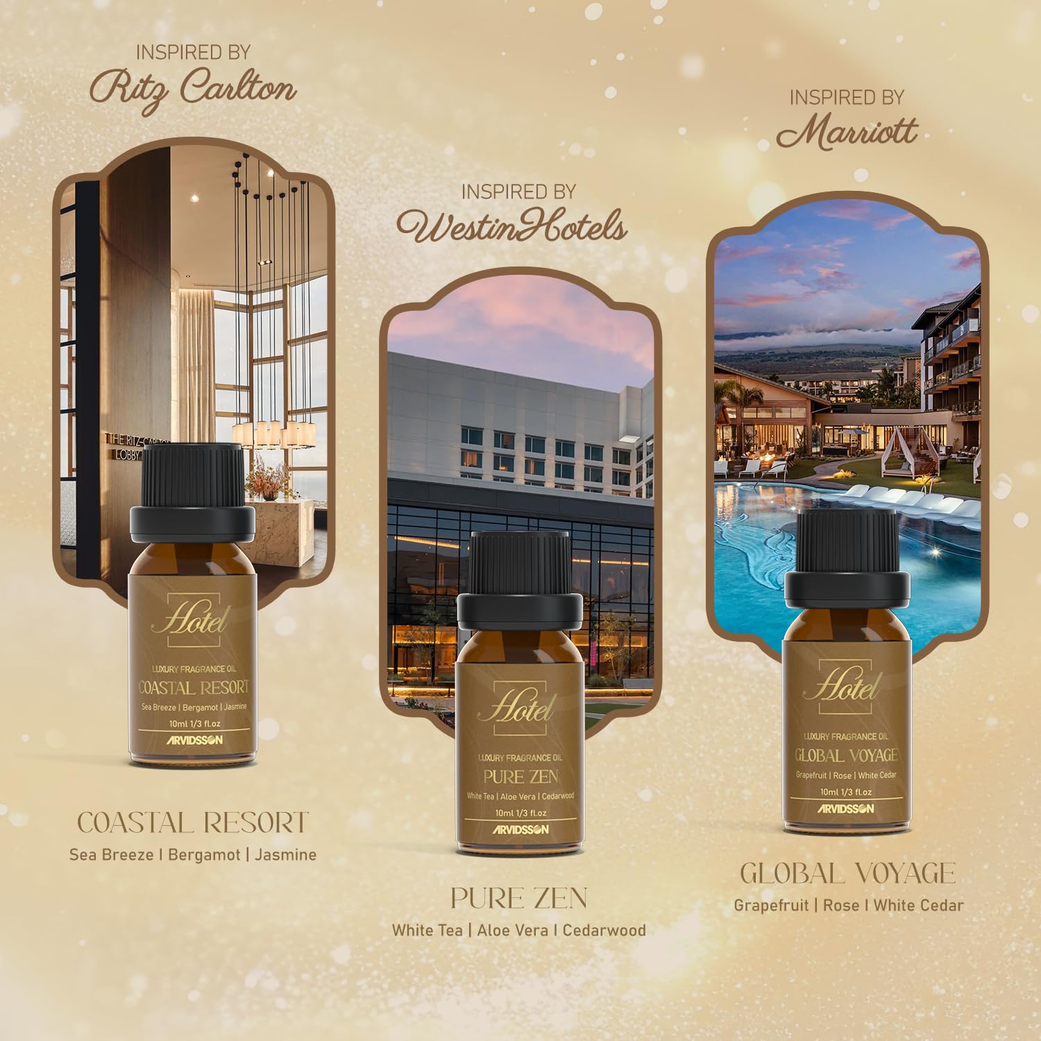 ARVIDSSON - Juego de regalo de aceites difusores de hotel, aceites esenciales para difusor, juego de aceites aromáticos de lujo, inspirado en hoteles de 5 estrellas, incluyendo Hilton, cuatro