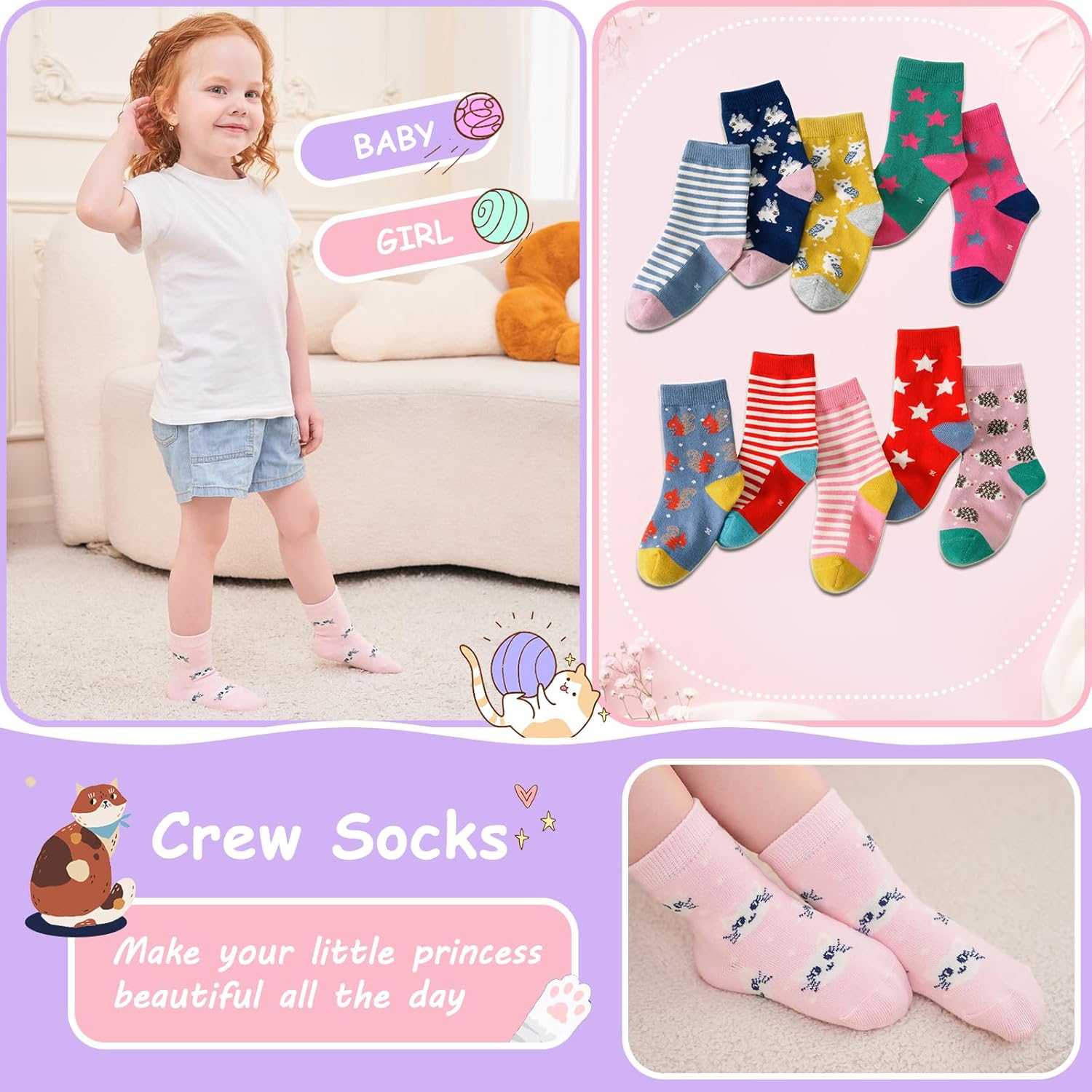 CHUNG Toddler Little Girls Crew Socks Cotton Colorful Sports Casual Daily Fun Cute Animal Pupil Students School Back - Image 5
