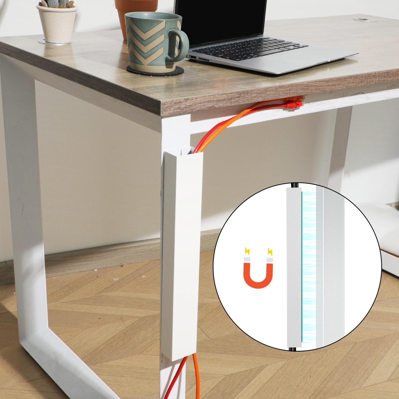 Blulu Lot de 2 caches de câbles magnétiques en acier de 35,6 cm pour pieds de bureau verticaux, sans perçage, pour la maison et le bureau (blanc)