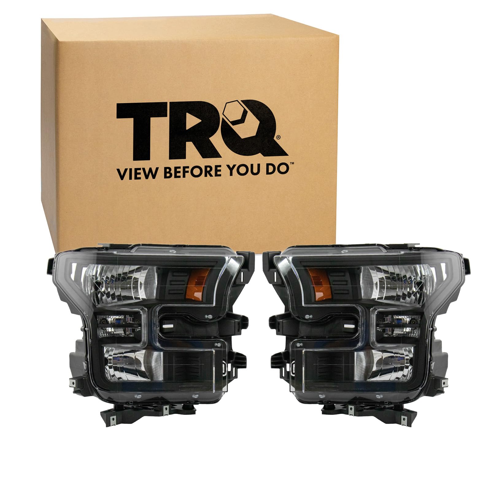 TRQ 2 Piece Headlight Assembly Set Halogen Black Bezel Driver &amp; Passenger Side Compatible with 2015-2017 Ford F-150 FO2502335 FO2503335