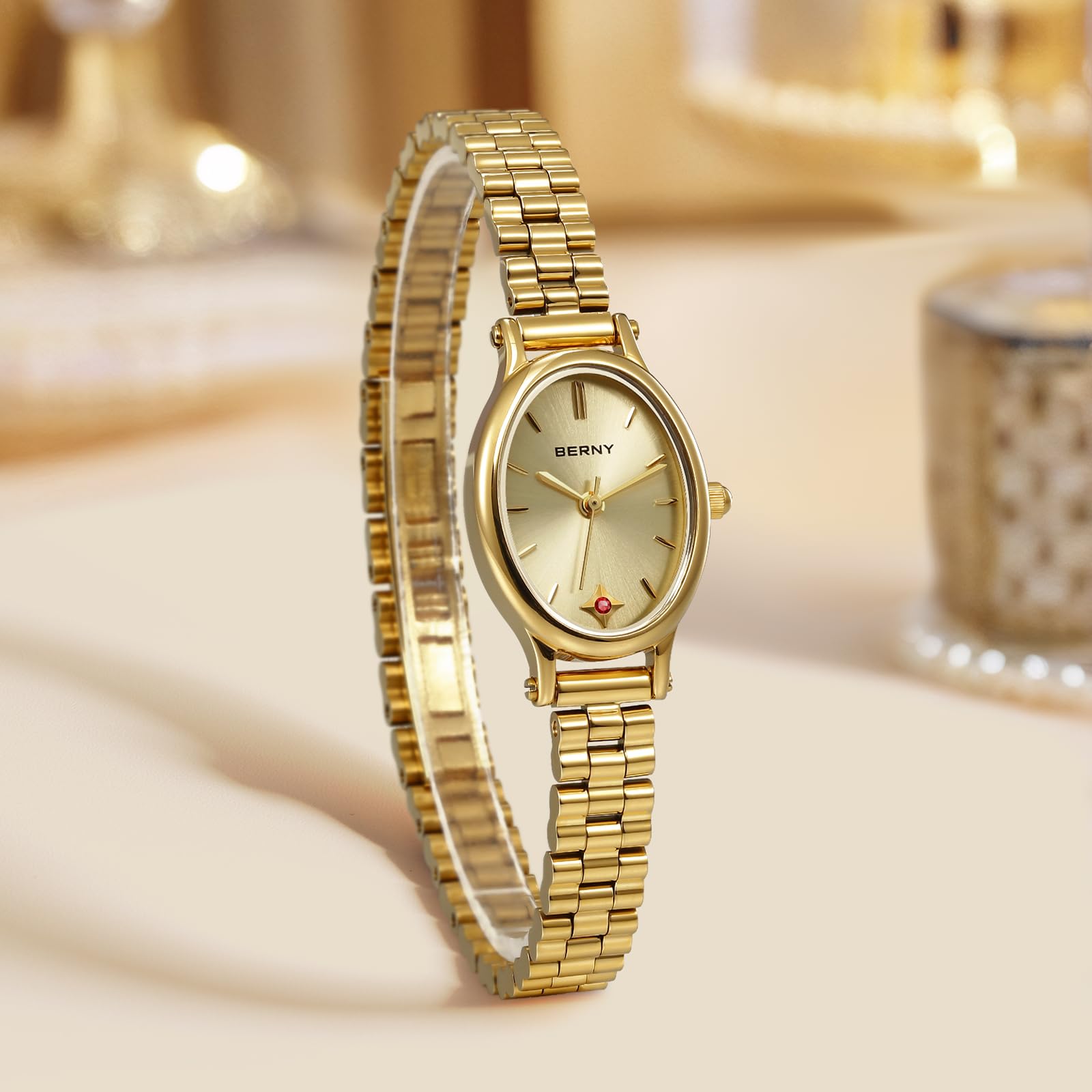 BERNY Relojes de Oro para Mujer Reloj Oval Vintage Movimiento de Cuarzo Reloj de Pulsera de Moda para Damas