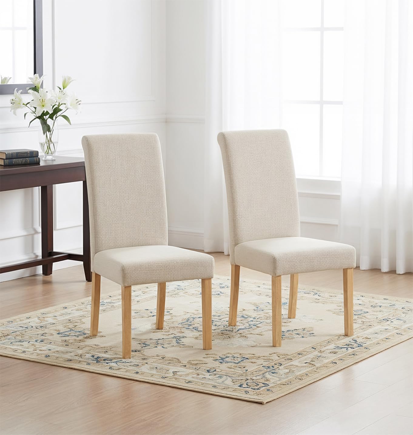 Hallowood Furniture Premium Roll Top Linen Fabric Cream Dining Chairs Set