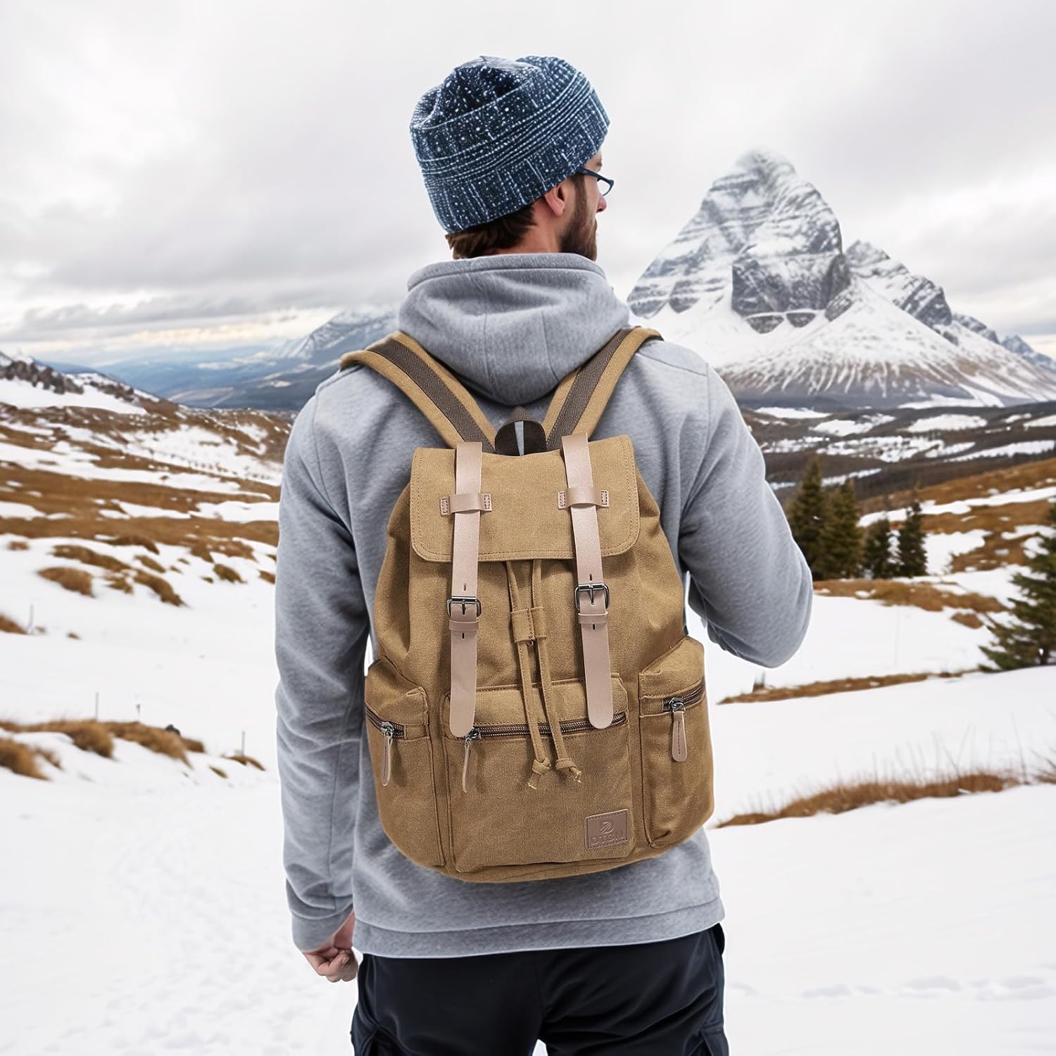 Vintage Canvas Backpack for Men & Women, Durable Casual Daypack with Leather Accent, Fits for College, Work, Travel, & Outdoor, Brown - Image 2