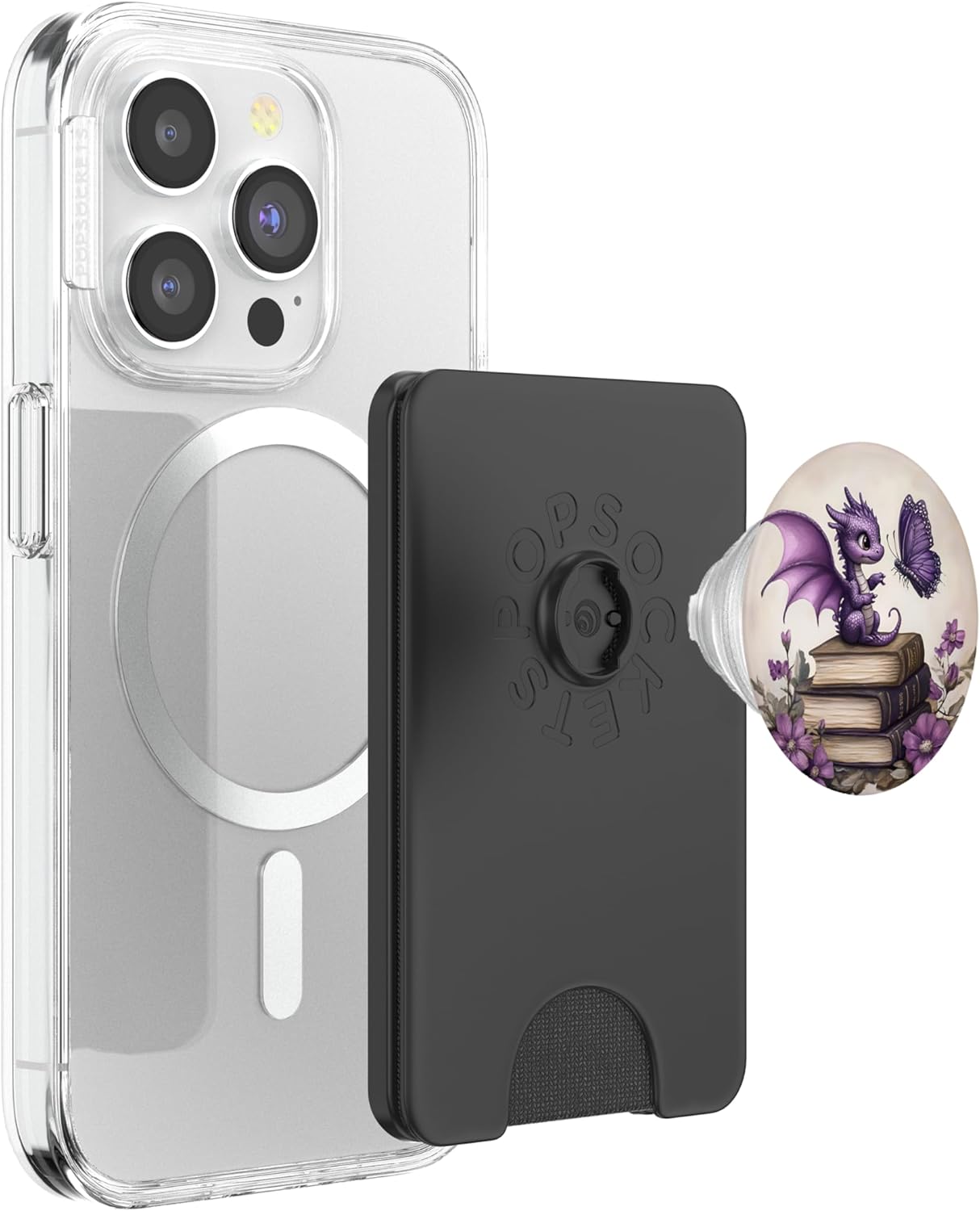 Cute Dragon Butterfly Book Themed Purple Floral Aesthetic PopSockets PopWallet for MagSafe
