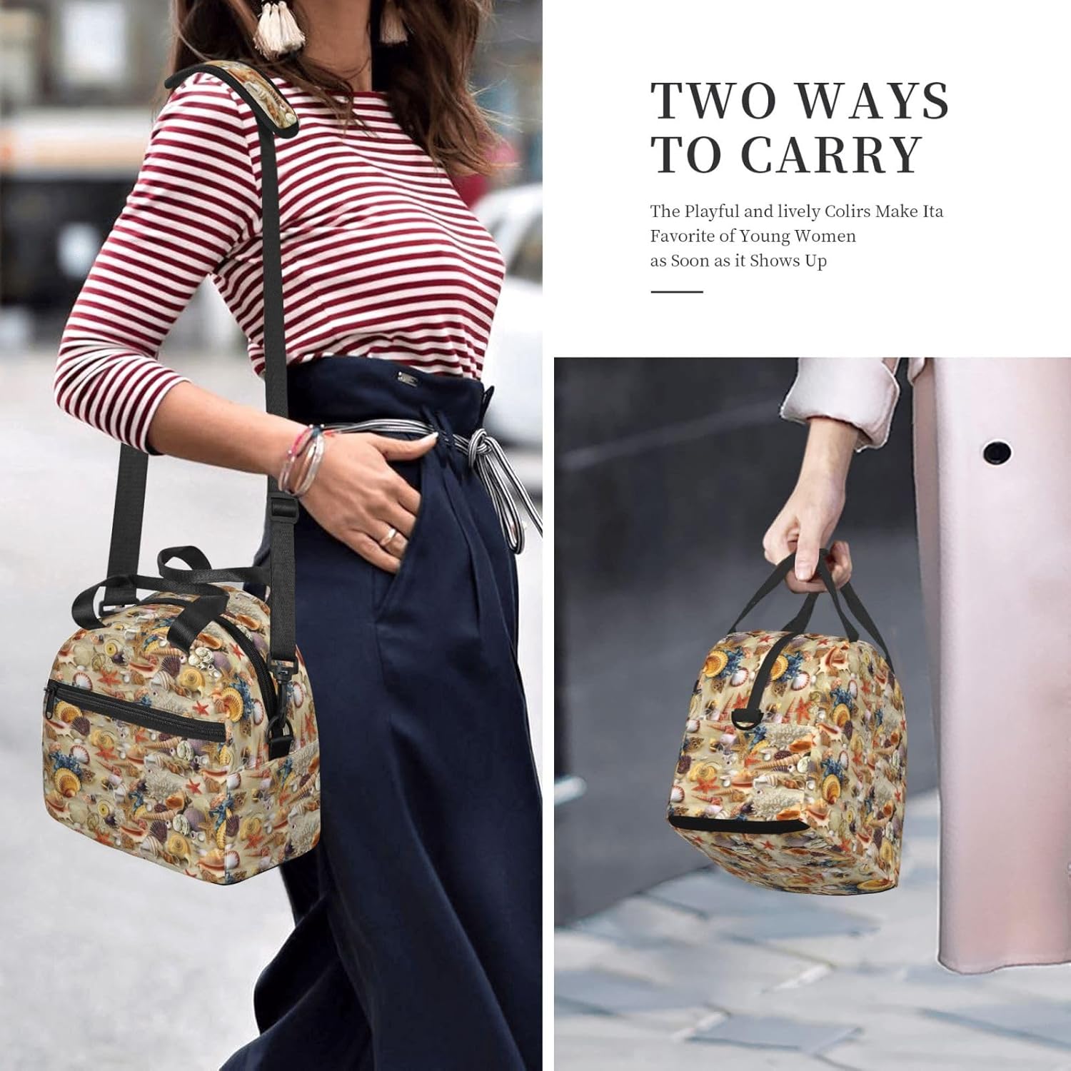 Starfish Seashell Sandy Beach Theme Print Reusable Lunch Bag Insulated Lunch Boxes for Office Work Picnic Tote Bag Adjustable