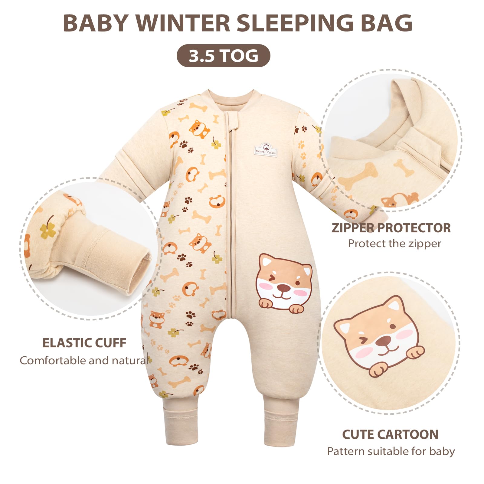 MIKAFEN Sacco nanna a maniche lunghe con piedi 3,5 tog invernale, per bambini - sacco nanna invernale con gambe - 100% cotone, Cucciolo (3-4 anni)