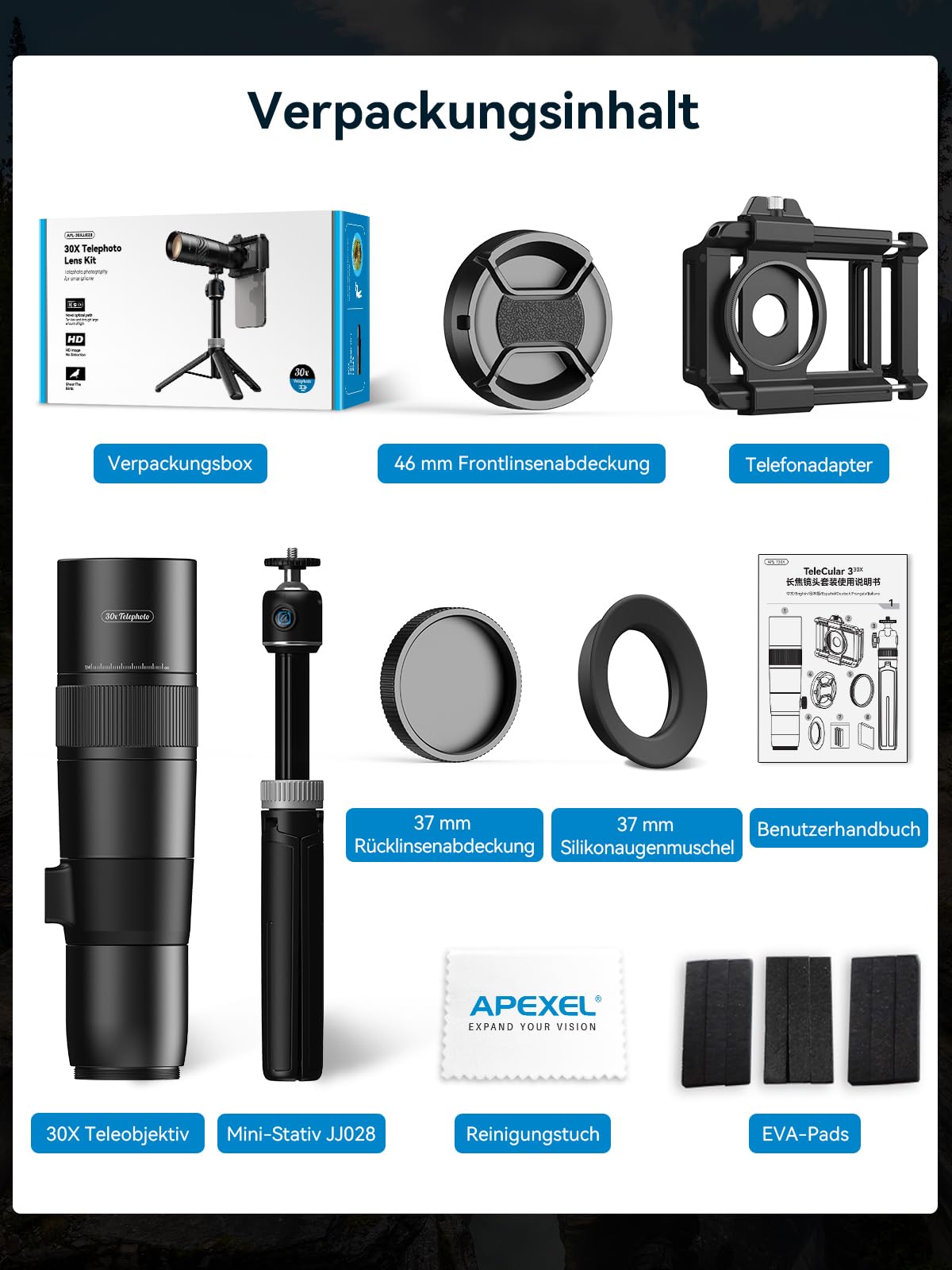 APEXEL 30X Super Teleobjektiv, 720mm Brennweite Teleobjektiv für Smartphone, Professionelles & Künstlerisches Erfassen für Wildtiere, Sport, Konzerte