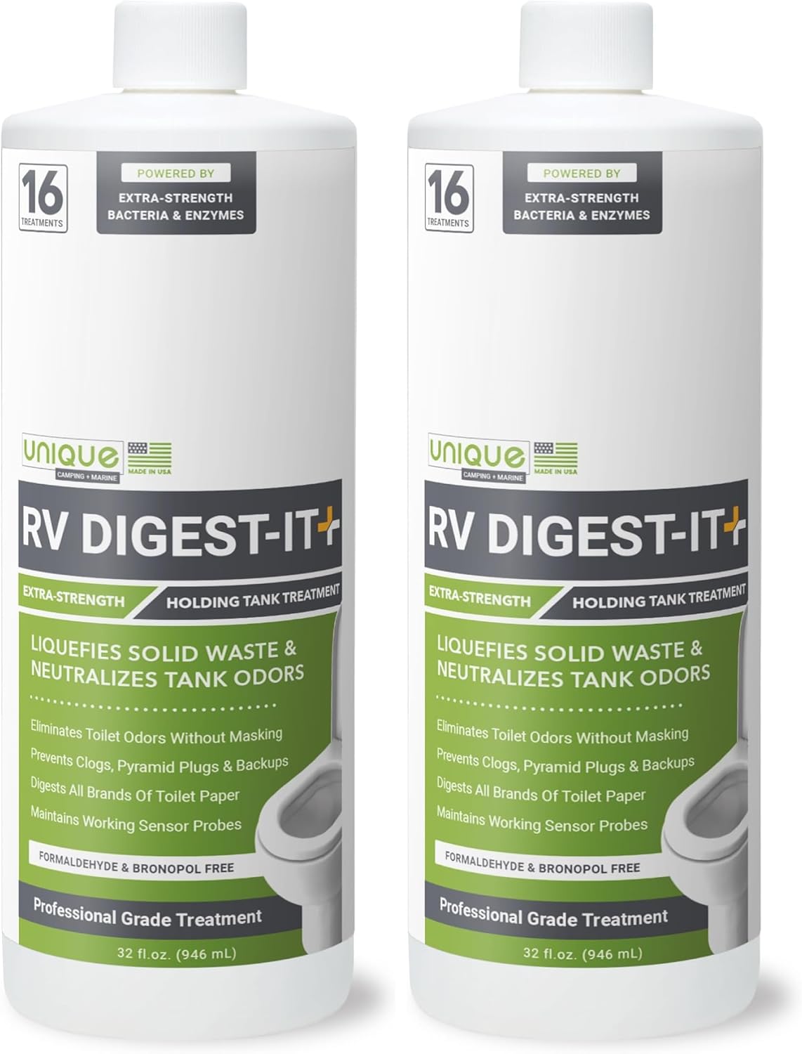 Unique RV Digest-It+, Extra-Strength RV Toilet Treatment - Liquifies Waste and All Brands of Toilet Paper - Odor Eliminator (32 oz) (Pack of 2)